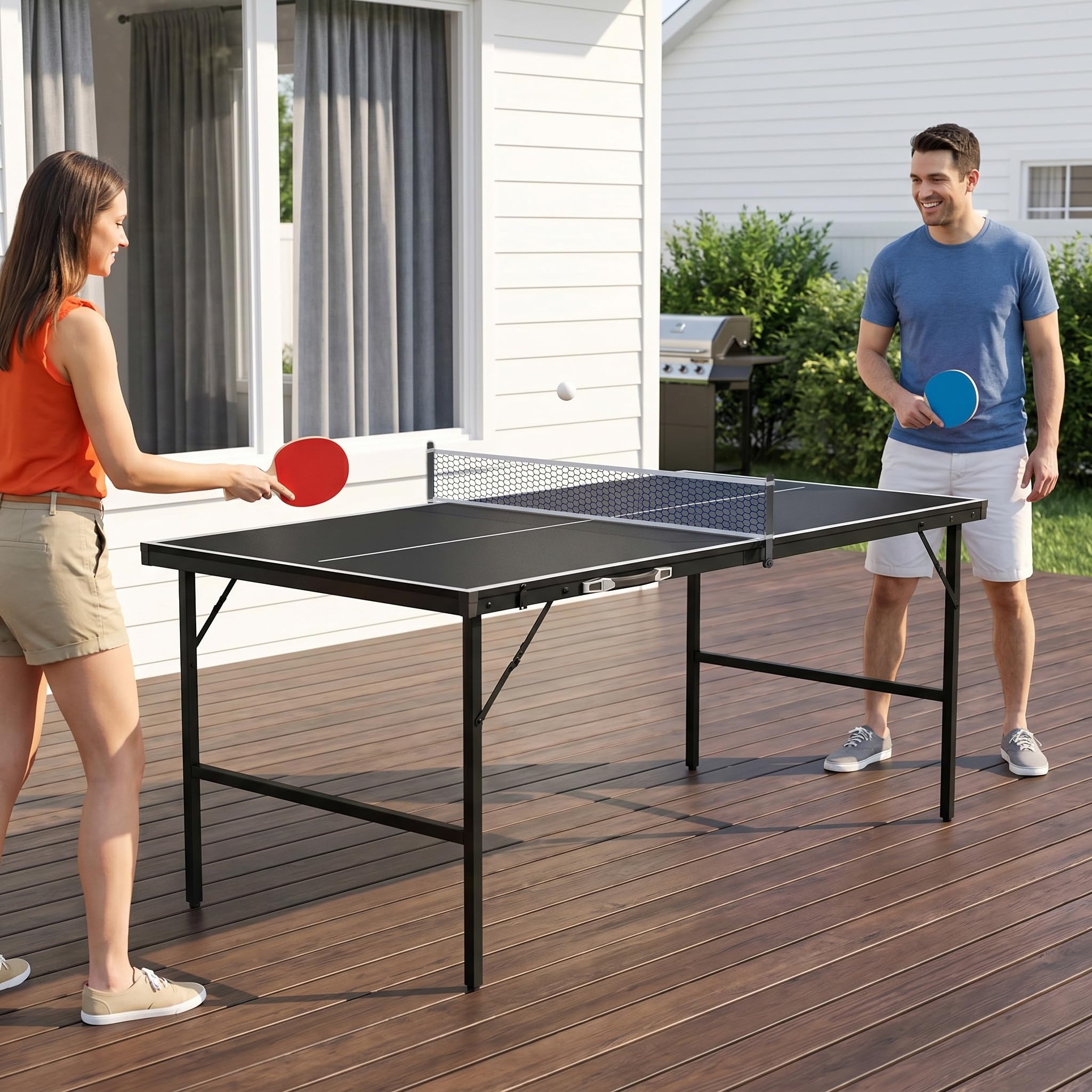 YRHome Mini Tischtennisplatte Klappbar 153x75x80cm, 14mm Laminierte MDF Tischtennistisch mit Verzinktem Stahlgestell, Tragbar Koffer-Design inkl. 2 Schläger 5 Bälle Netz Aufbewahrungstasche