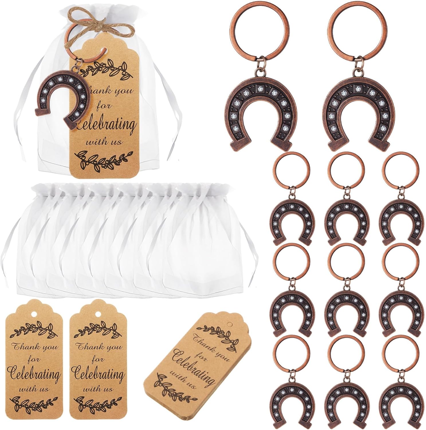 Ecation 20 Set Western Horseshoe Keychain Party Favor Bulk Cowboy Horse Shoe Keyring Purse Bag Charm with Organza Bags & Thank You Tags for Guest Horse Racing Bridal Wedding Gift(Large,Retro)