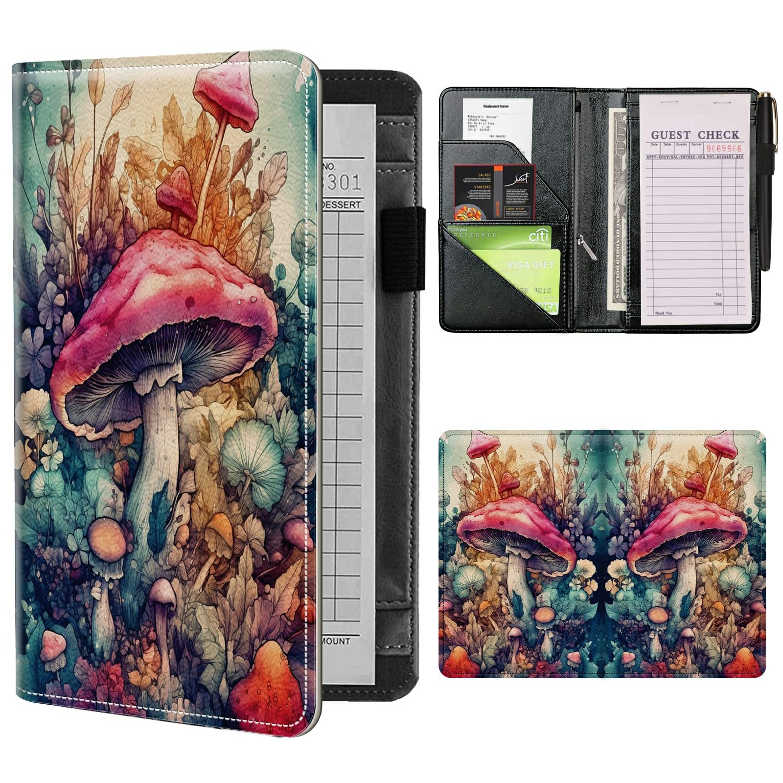 Server Books for Waitress Waiter with Zipper Pocket, Pink Mushrooms Leather Server Pads (5