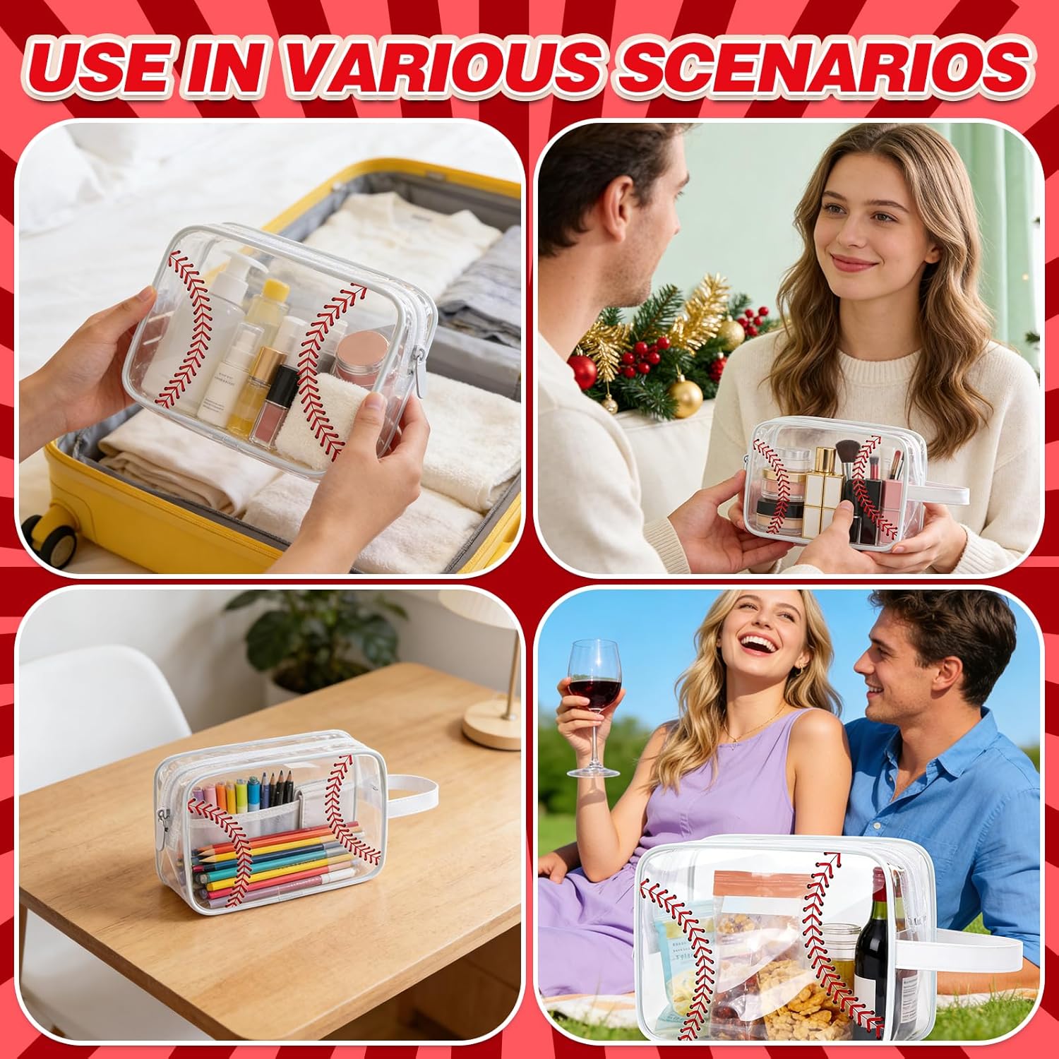 Lebaley 30PCS Baseball Snack Bags - Baseball Bags for Team Gift Treats,Baseball Goodie Bags, Sports Cosmetic Bag,Waterproof Clear Pvc Toiletry Bag for Baseball Lover,Travel,Birthday Party Gifts