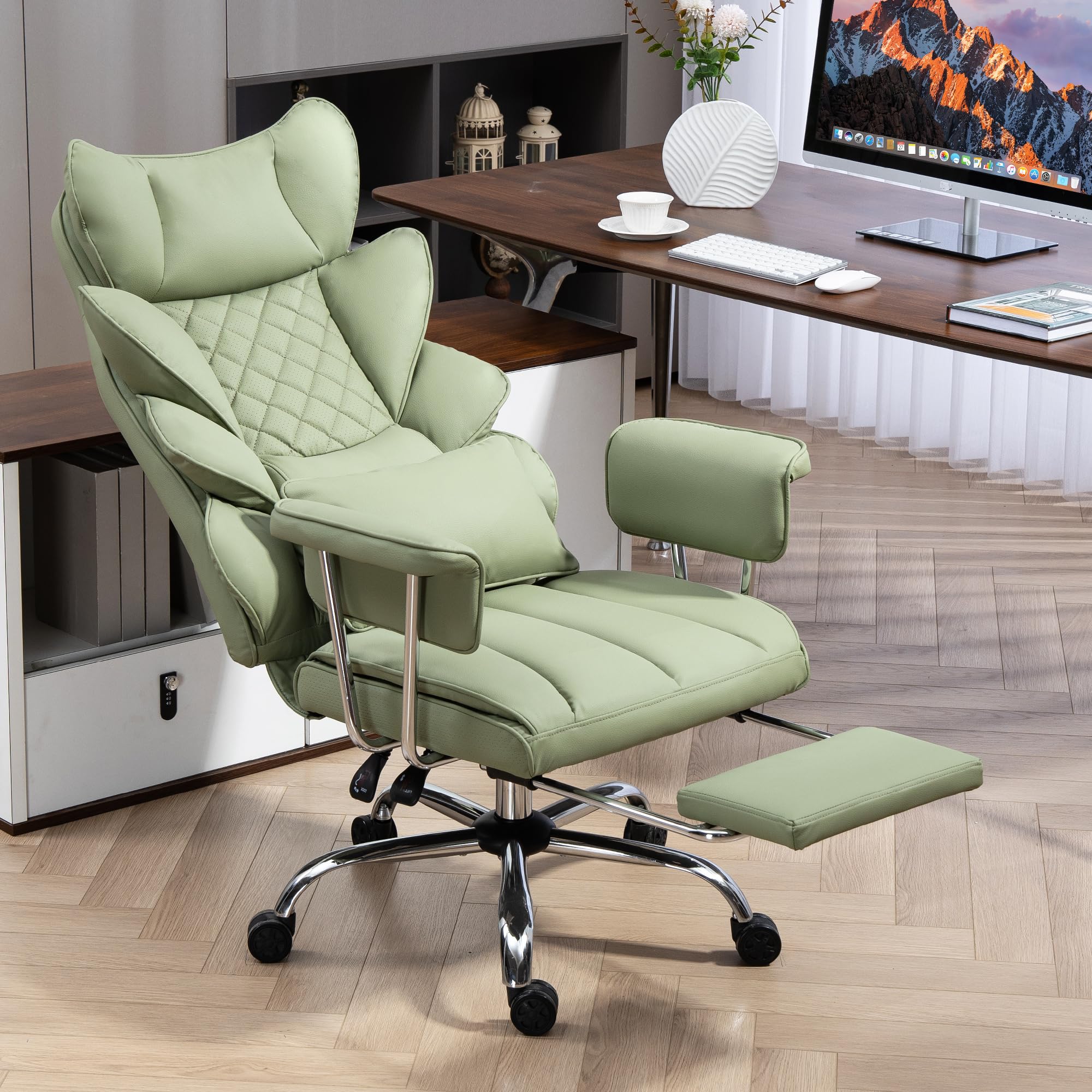 Silla de Oficina con Reposapiés - Silla Ergonómica para Gaming y Ejecutivos, con Giro de 360°, Respaldo Ajustable de 90°-135° y Reposabrazos Suaves para Máxima Comodidad (Verde)
