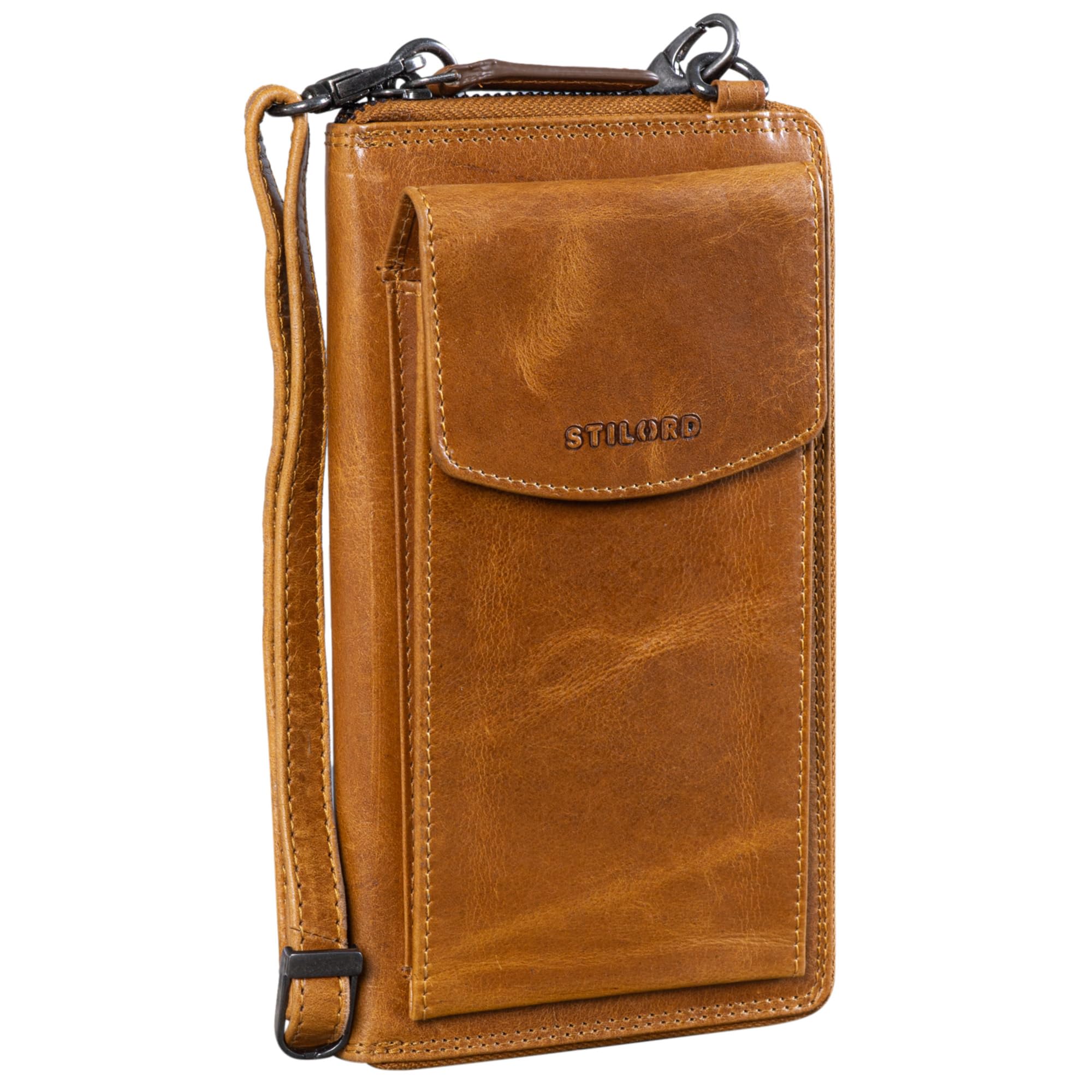 STILORD Damen Umhänge Geldbeutel aus Leder mit Handyfach - 2 in 1 Geldbörse Handytasche zum Umhängen - Crossbody Portemonnaie für Frauen Sarah Echtleder groß Farbe:Perugia-braun