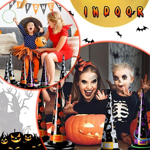 Miniatura 6 de 31 piezas de juegos de fiesta de Halloween, juego de lanzamiento de anillos de Halloween, sombrero de bruja inflable, incluye 10 sombreros de bruja