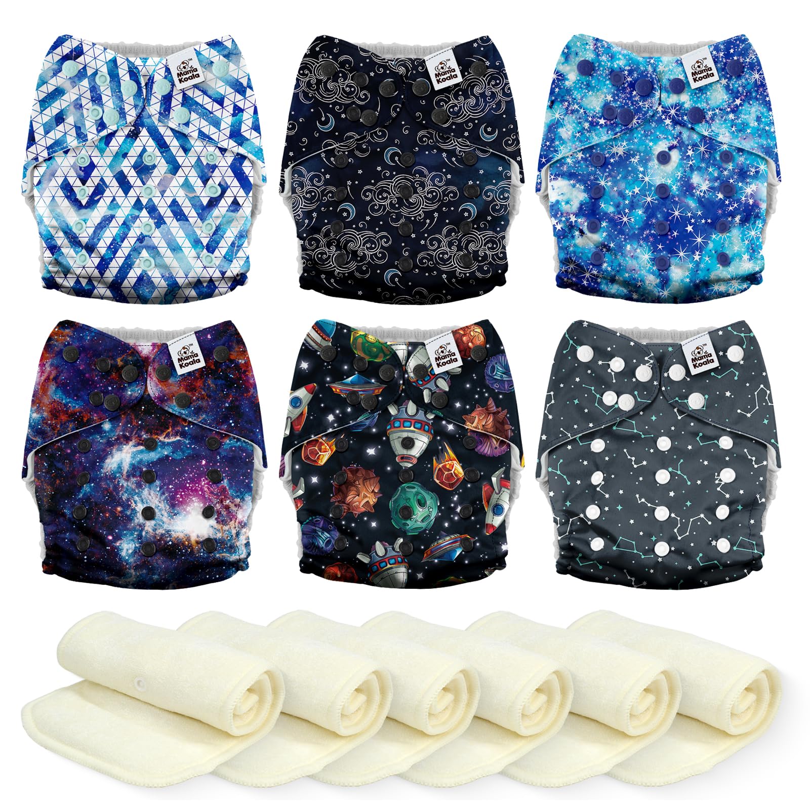 Mama Koala 6 Pack Reusable Cloth Diapers 3.0 for Babies Girls Newborn, One-Size Adjustable Baby Diaper, Durable Stitching, Back Opening for Inserts, Breathable Awj Lining, Leak Prevention-Space