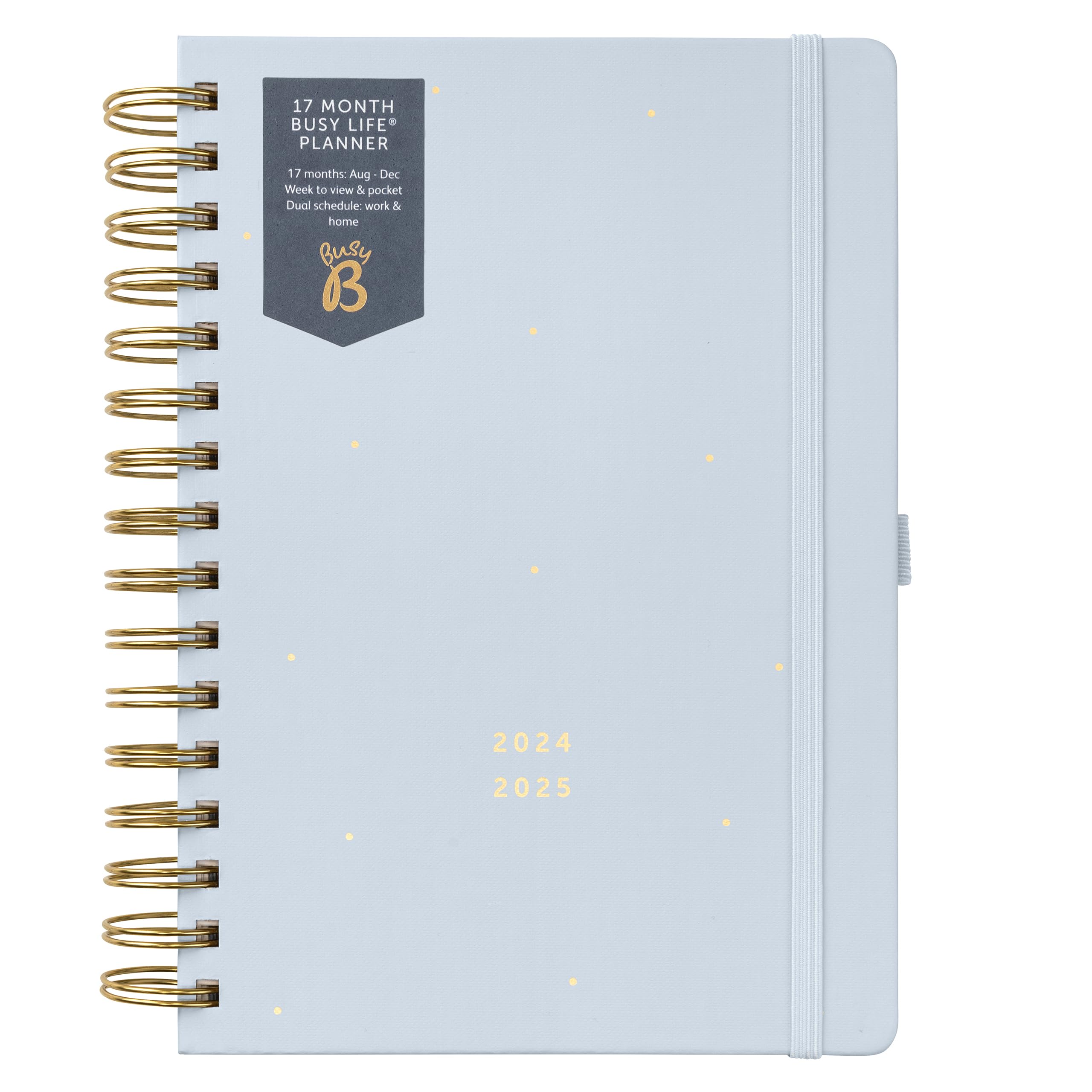 Busy B Mid Year 17 Month Busy Life Planner August 2024 - December 2025. Cloud A5 Week to View Planner with Dual Schedules, Pocket and Shopping Lists