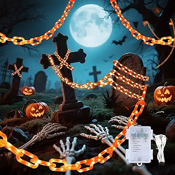 YOUNGAR Halloween String Lights,13.7ft 175LED Battery/USB Operated Plastic Chain Light,Timer Memory with 8 Modes for Haunted House Indoor or Porch, Window, Party Outdoor Decorations (Orange)