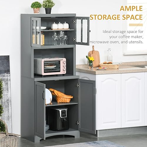 Miniatura 4 de HOMCOM Armario de cocina, gabinete de despensa de 70 pulgadas con puerta enmarcada de vidrio, armario de almacenamiento con estantes ajustables y