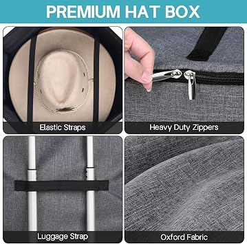 SLEEPING LAMB Hat Box for Travel and Storage, Collapsible Cowboy Cap Organizer Case for Closet with Handles, Hat Box for Women Storage and Large Cap Bag for Men Carry, Grey