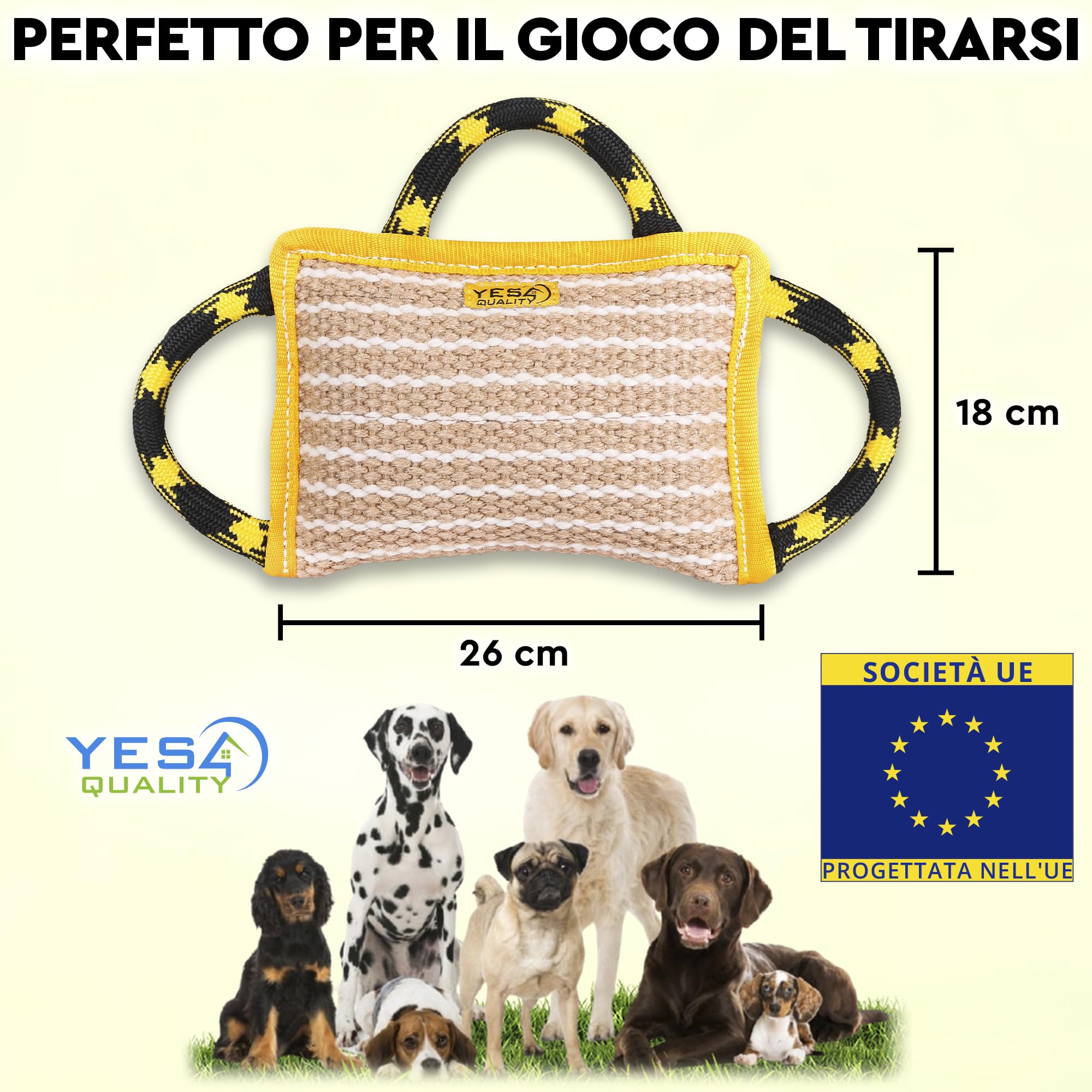 Cuscino per morso di cane 25x18 cm con 3 manici in nylon, Giocattolo da masticare per cani per sport e allenamento, Giocattolo da rimorchiatore per gioco interattivo di Yes4Quality