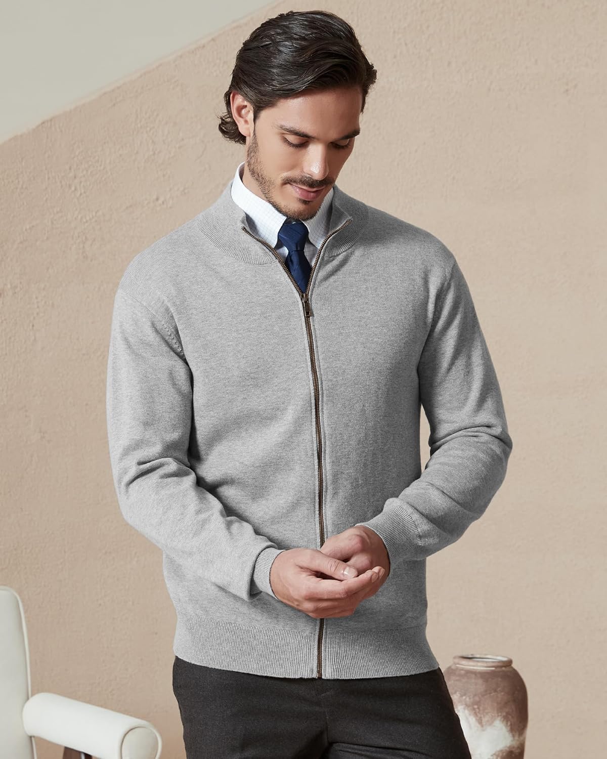 Kallspin Men's Full Zip Up Sweater Cardigan Pure Cotton Stand Collar Sweater Classic Lightweight Cardigan - Image 6