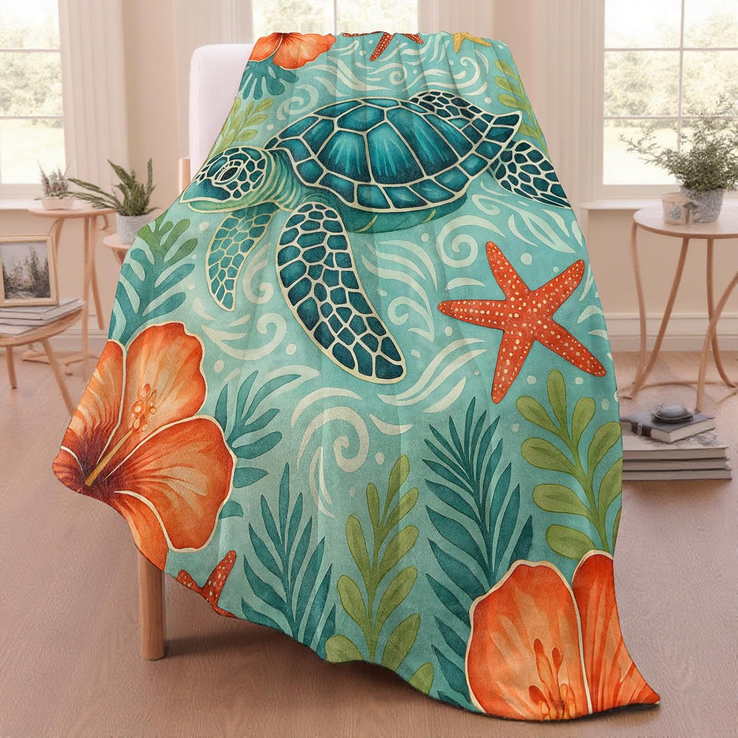 Elegant Sea Turtle and Floral Throw Blanket for Women Girls Kids, 50x60 in, Cozy Soft Warm Fleece Blankets Gifts for Couch, Camping, Hiking Home Cabin Dorm Farmhouse Decor