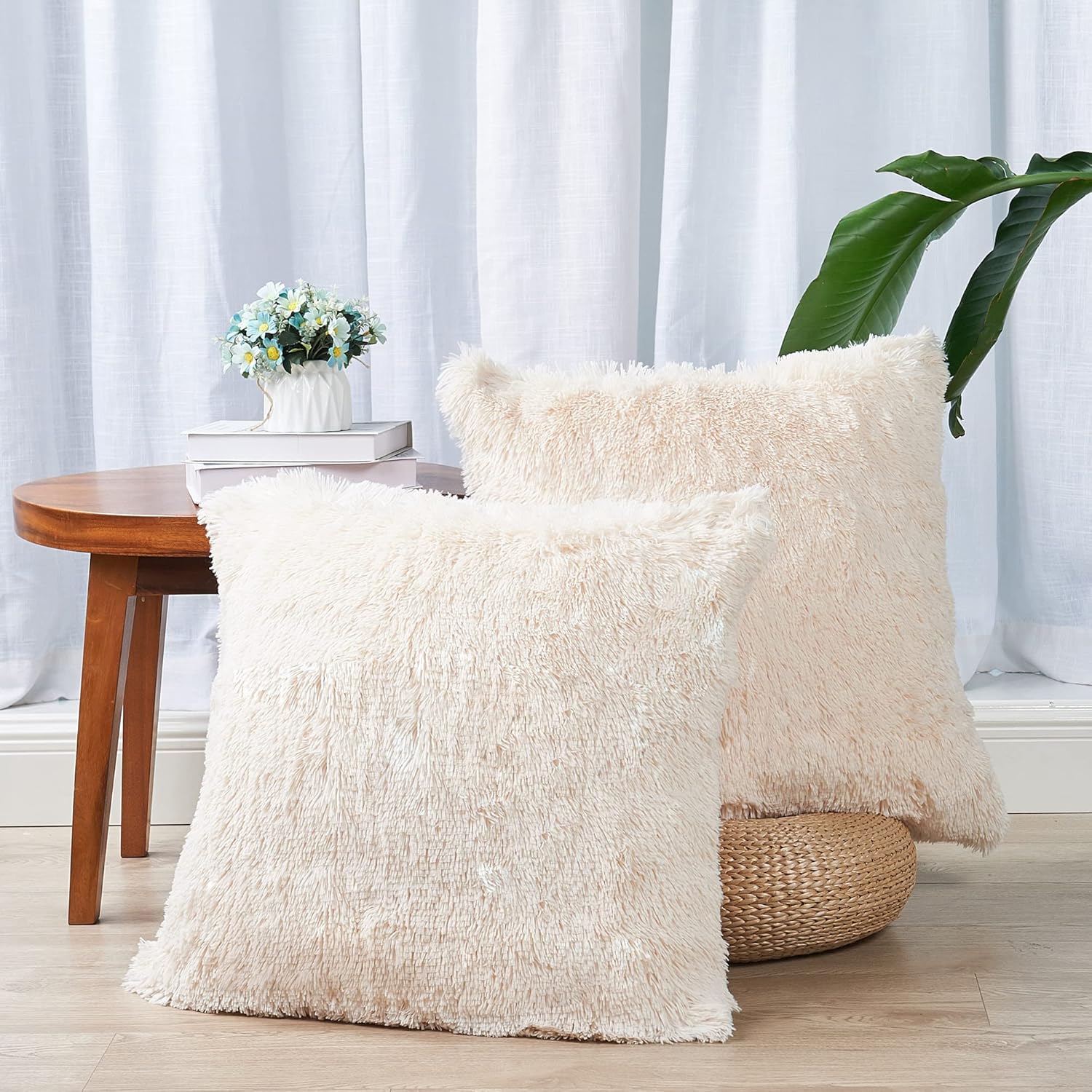 Shaggy Furry Fluffy Faux Fur Decorative Euro Throw Pillow Covers 26 x 26 Inches Set of 2, Plush Soft Luxury Cushion Case Pillowcase for Couch Bed Car Bedroom Living Room, Cream