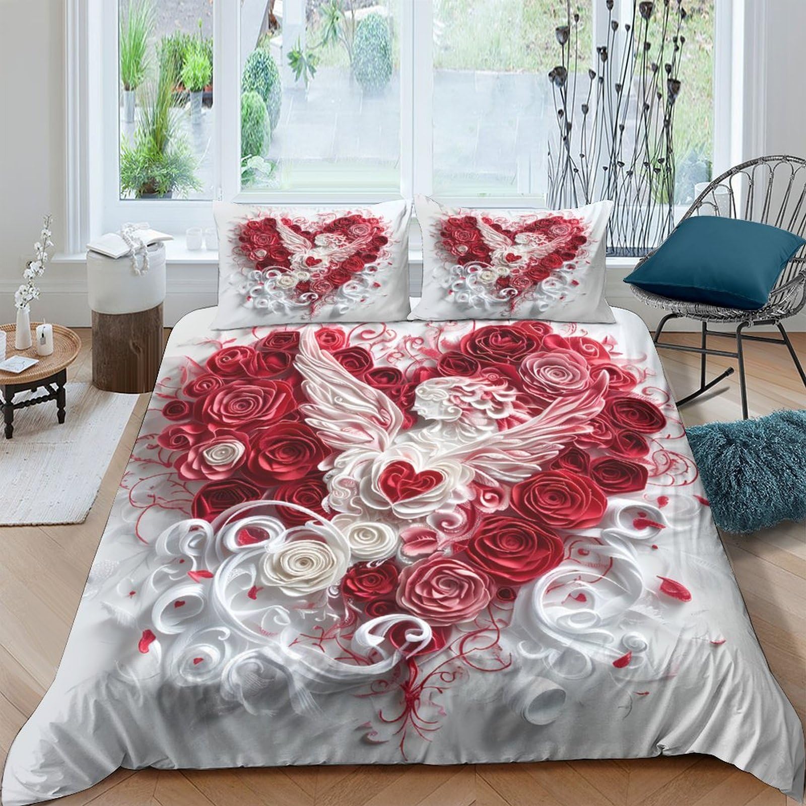 Housse de couette 220x240cm cœur 3D linge de lit King doux et durable