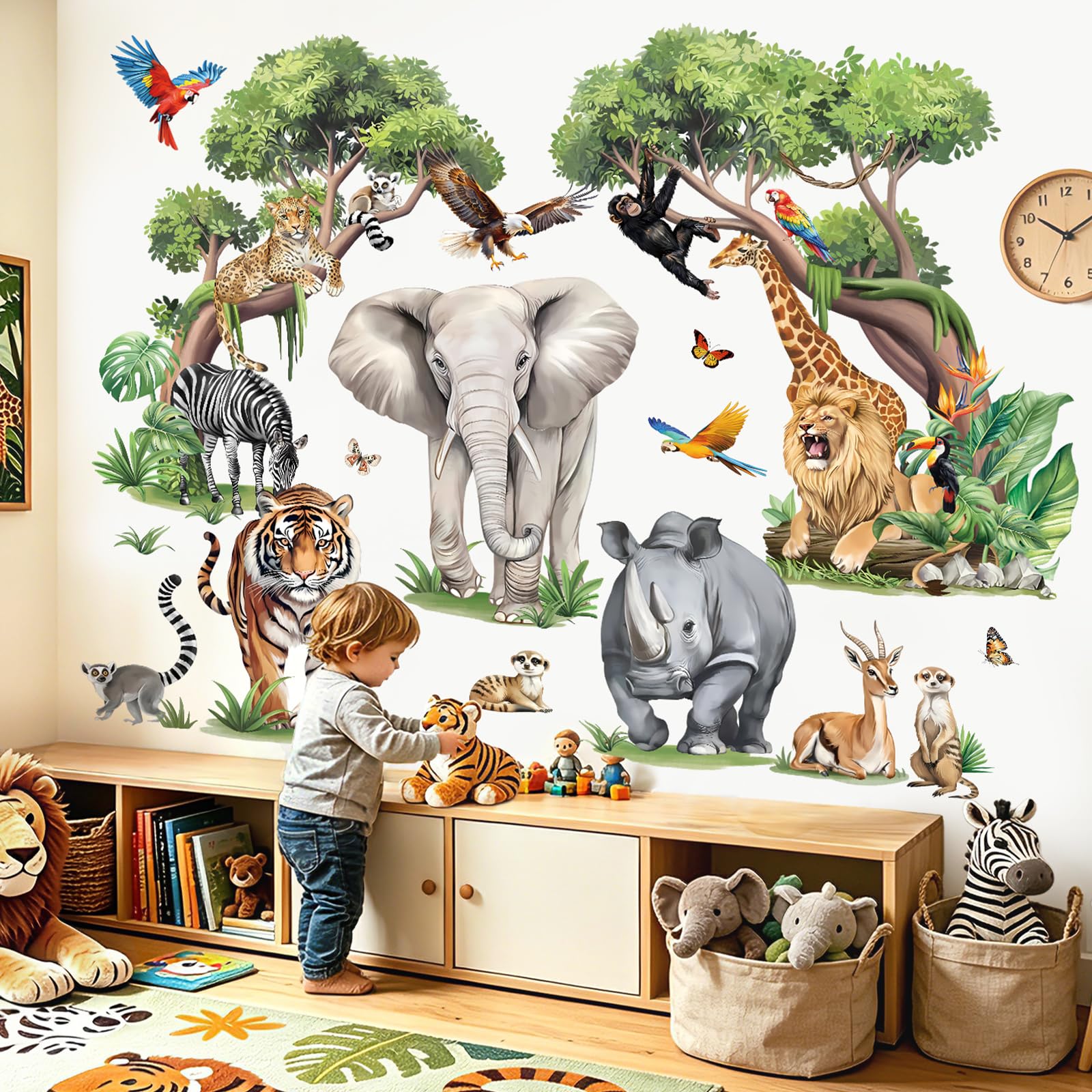 decalmile Safari Animals Tree Jungle Elephant Wall Decals Stickers (XL)