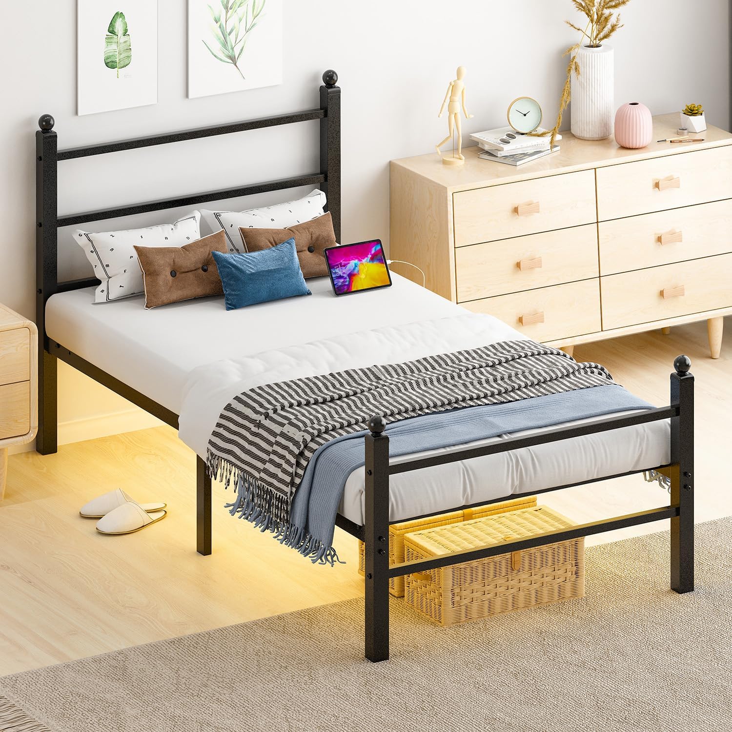 Twin Bed Frames with Headboard and Footboard,Black Metal Platform Bed Frame with RGB LED Lights and USB Charging Station,Under Bed Storage,No Box Spring Needed,Suitable for Bedrooms - Image 7