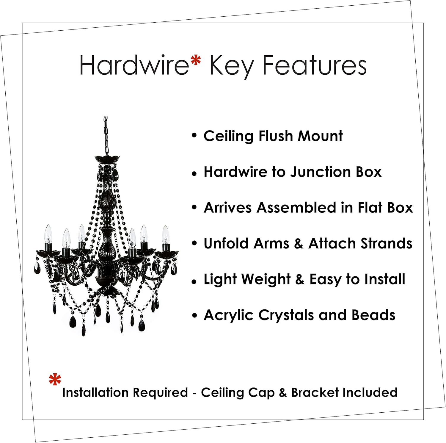 Exclusive Discount 70% Price The Original Gypsy Color 6 Light Black Hardwire Flush Mount Chandelier H26xW22, Black Metal Frame with Black Glass Stem and Black Acrylic Crystals & Beads That Look Just Like Glass