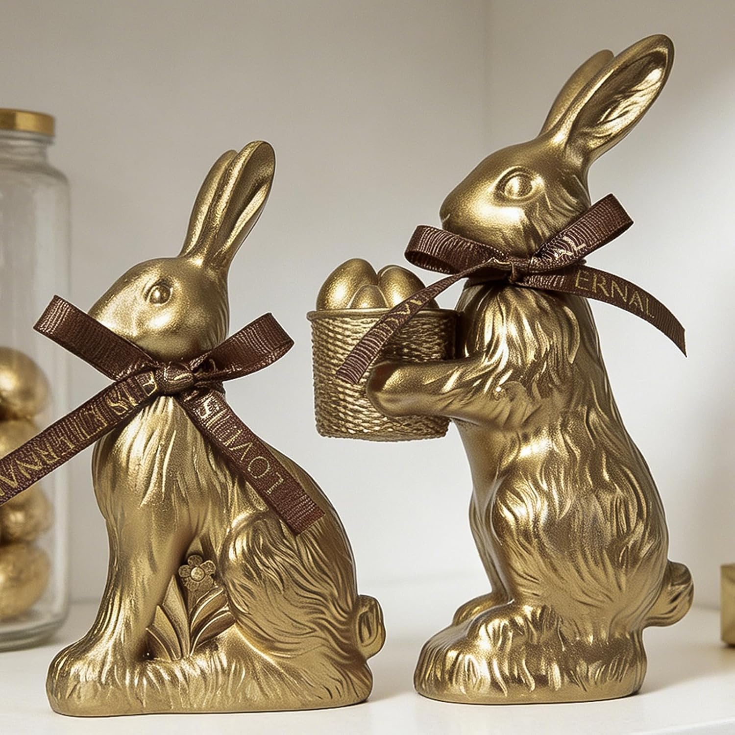 DN DECONATION Golden Easter Bunny Figurines Set of 2 with “Easter Love” Ribbon B…
