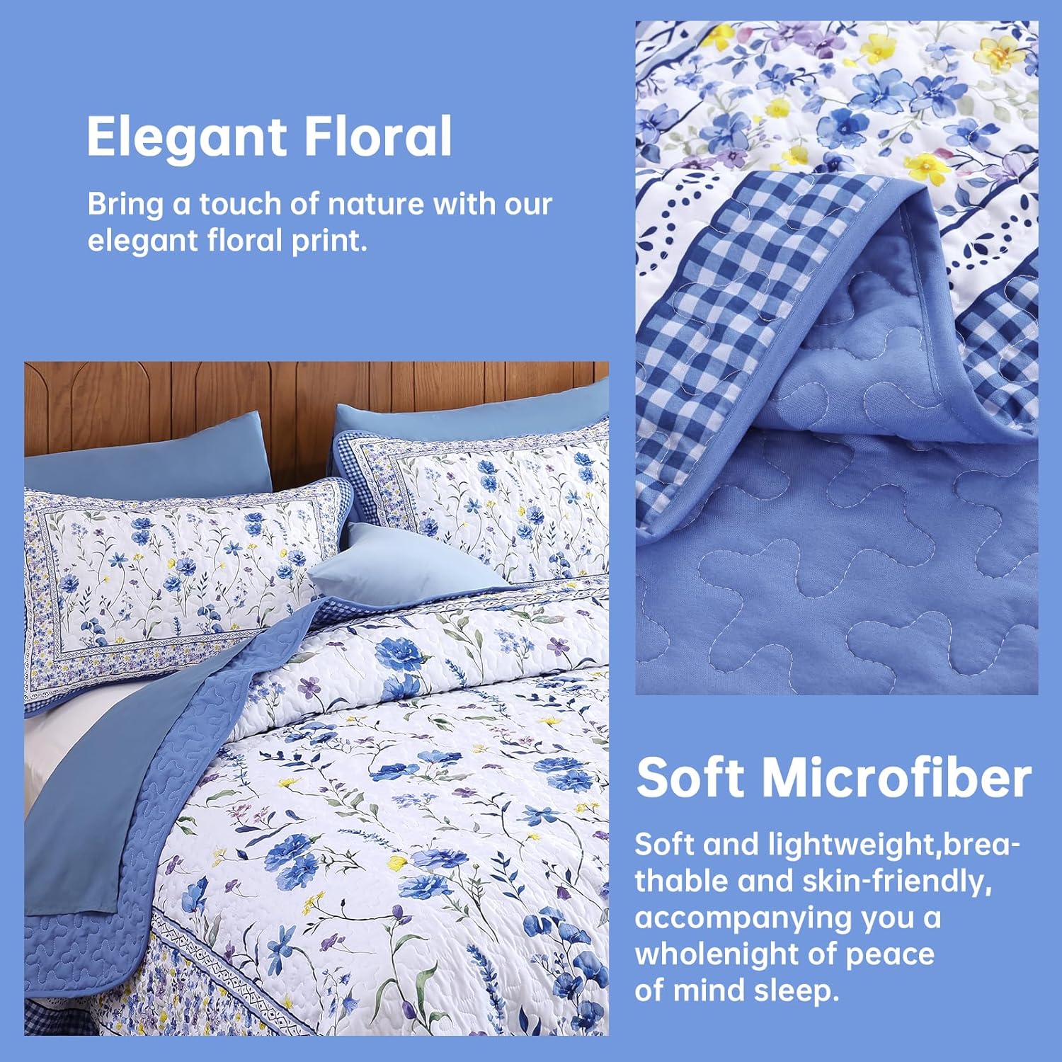 WONGS BEDDING Floral Quilt Set Queen, 3 Pieces Blue Bedspreads Coverlet Set, Garden Style Floral Printed Quilted Bedding Set, Lightweight Farmhouse Spring Summer Beds Coverlet for All Season(96"x90")