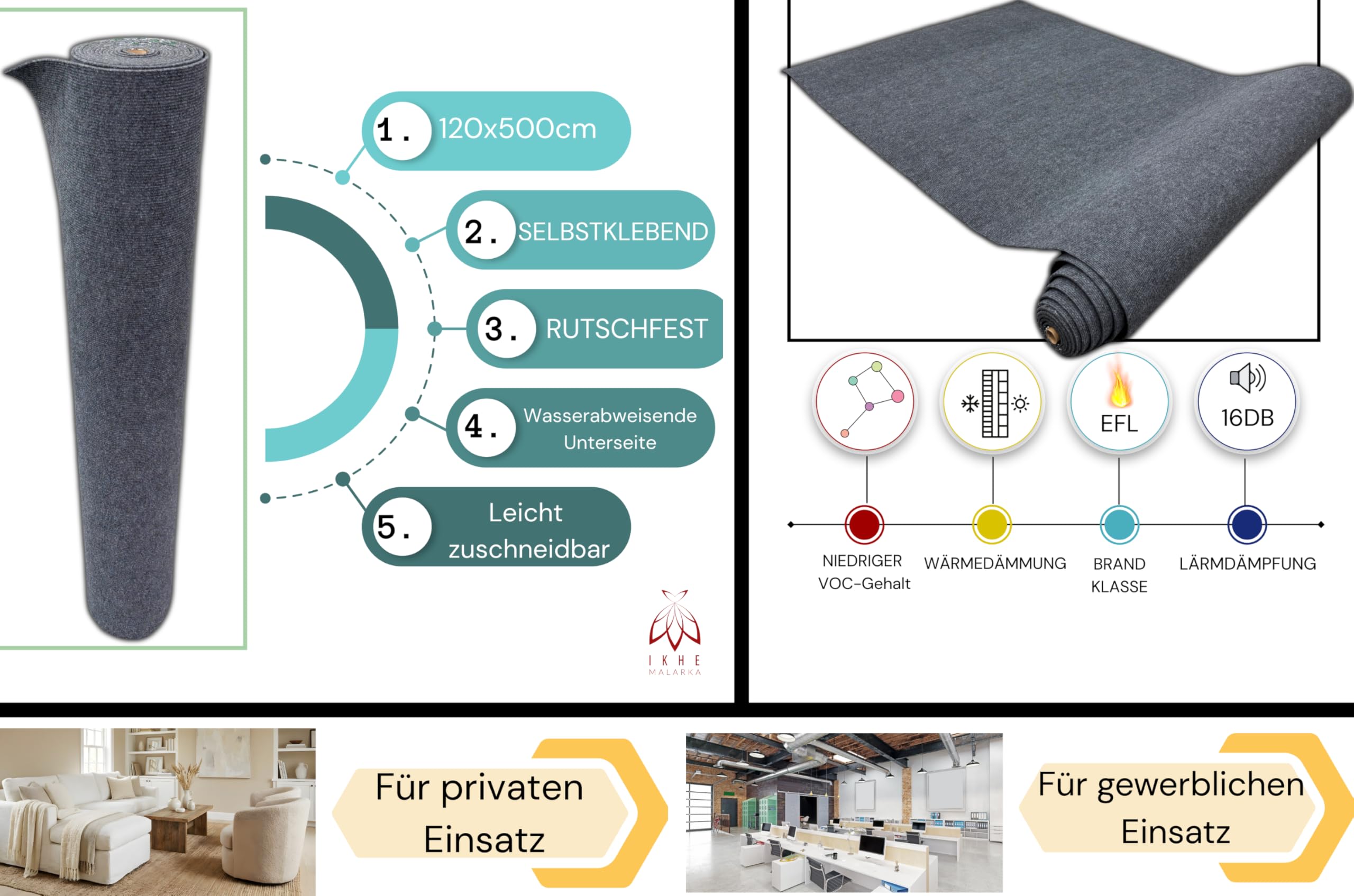 Selbstklebender Teppichboden 6 m² – 120×500 cm Teppich Rolle, 5 mm stark, geruchslos, schnell verlegbar, Bodenbelag für Wohnzimmer, Büro, Kinderzimmer (Dunkelgrau SXP-TWDT-002, 6m²)