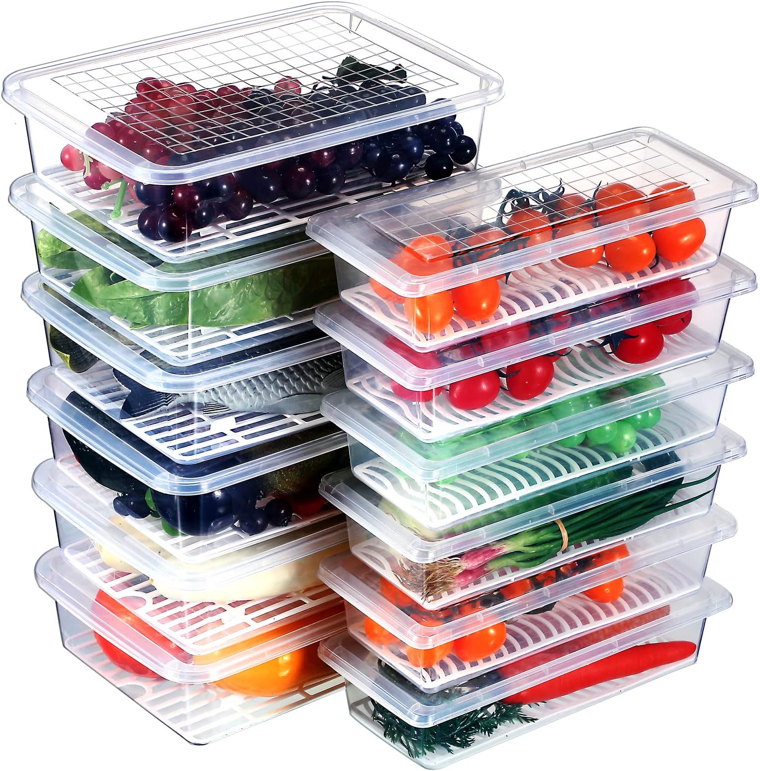 Meanplan Food Storage Containers for Fridge Plastic refrigerator Organizers with Removable Drain Plate and Lid Stackable Produce Containers to Keep Fruits, Vegetables, Meat(8 Packs)