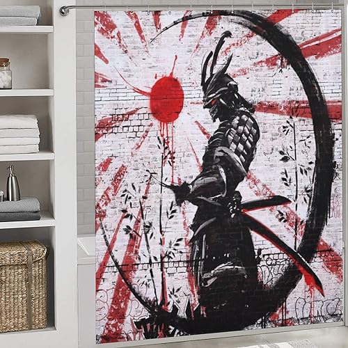 Miniatura 3 de Cortina de ducha de guerrero japonés (72 x 72 pulgadas), juego de cortina de ducha de tela de poliéster impresa para baño con ganchos