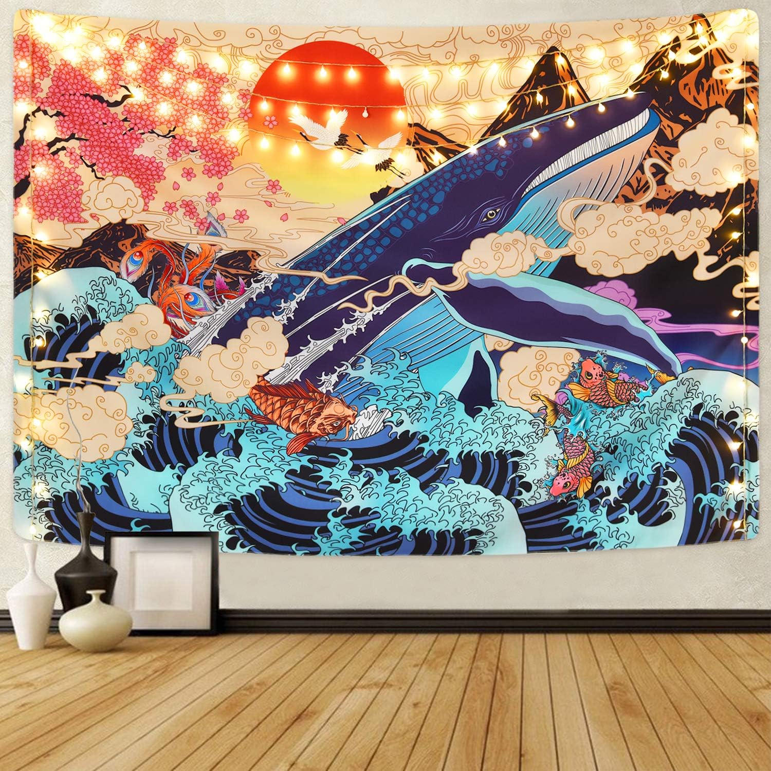 Sevenstars Japanese Ukiyo-e Tapestry Sea Wave Koi Tapestry Trippy Whale Japanese Tapestry, Sunset Animal Tapestry for Dorm Bedroom Living Room