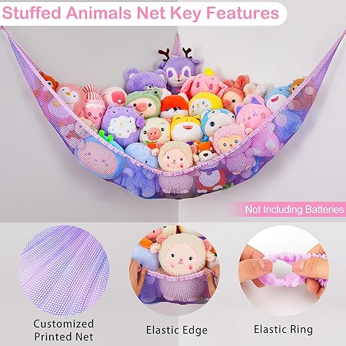Vista 5 de Basumee Red de animales de peluche o hamaca con luz LED, hamaca de red de juguetes para almacenamiento de animales de peluche, hamacas para cuarto