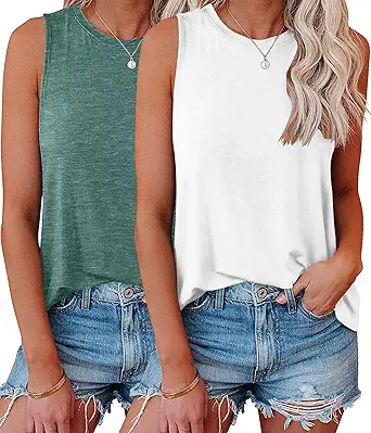 KKJ 2 Pack Womens Tank Tops Workout Tees Summer Clothes Fashion Outfits Crew Neck Sleeveless Loose Fit Fall Casual Shirts
