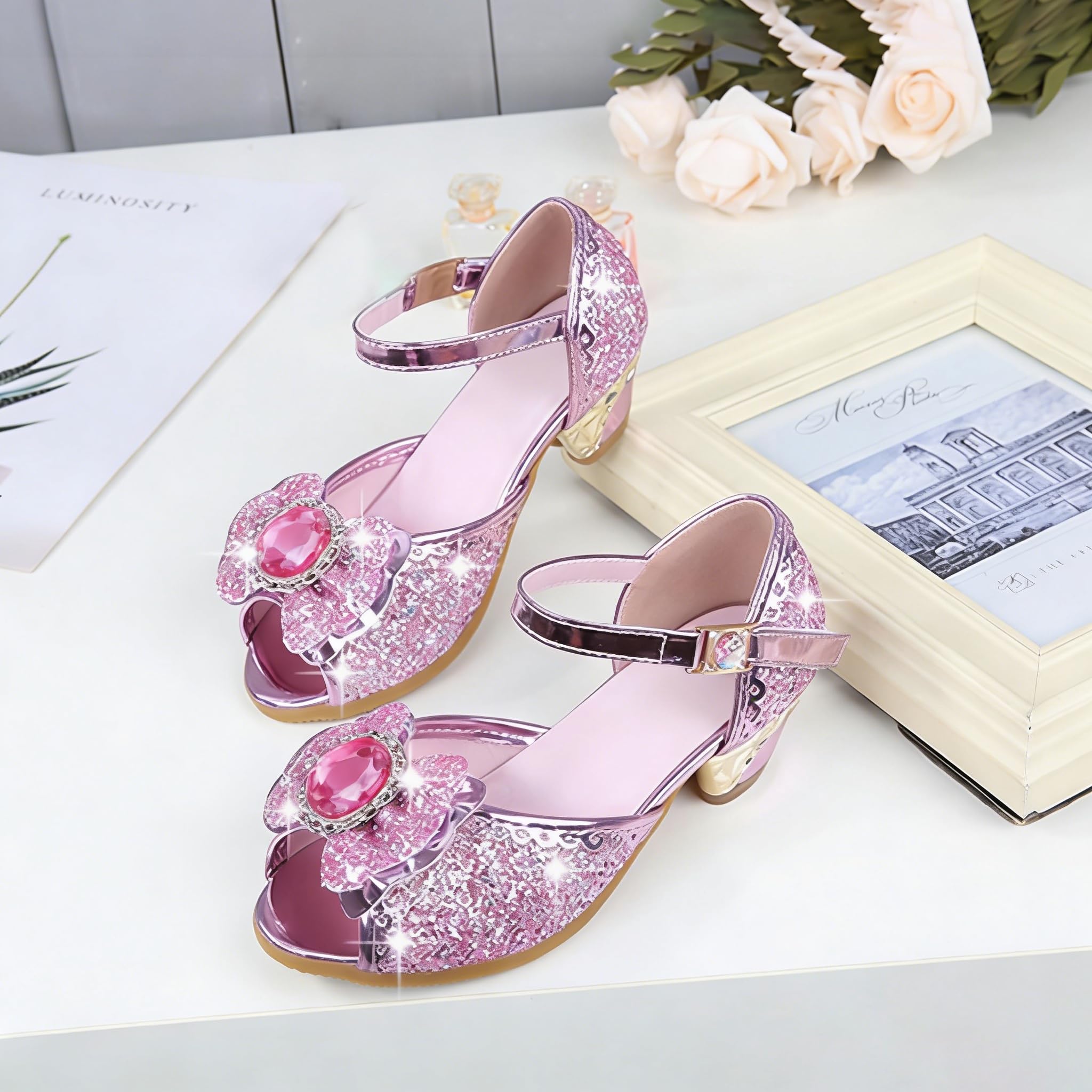 Scarpe Glitterate con Tacchi per Ragazza Sandali con Paillettes Cosplay Scarpe Carnival Princess Danza Matrimonio Carnevale Compleanno Festa
