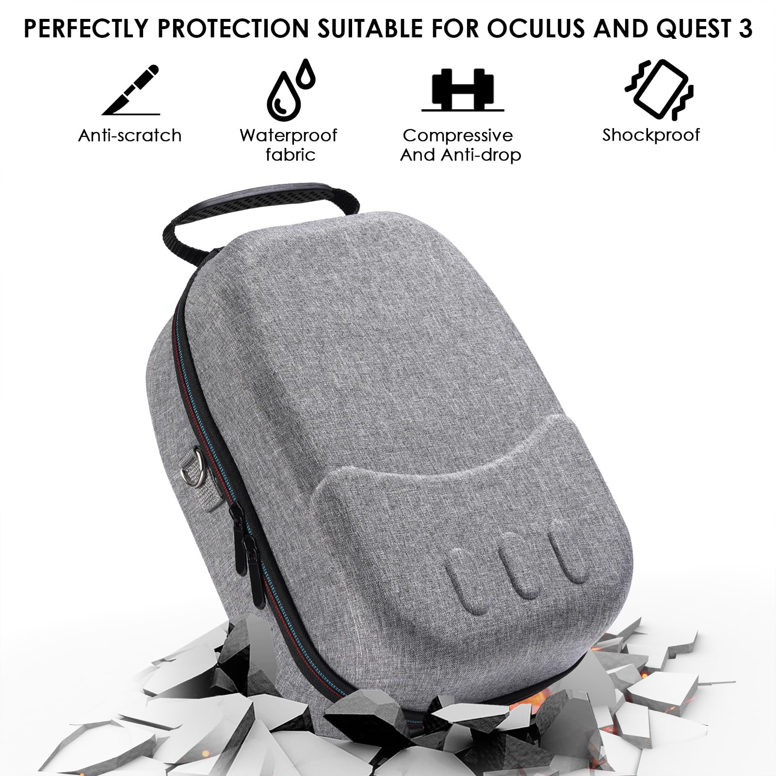 Étui rigide pour casque Meta Quest 3 VR, poignées de manette et accessoires, gris
