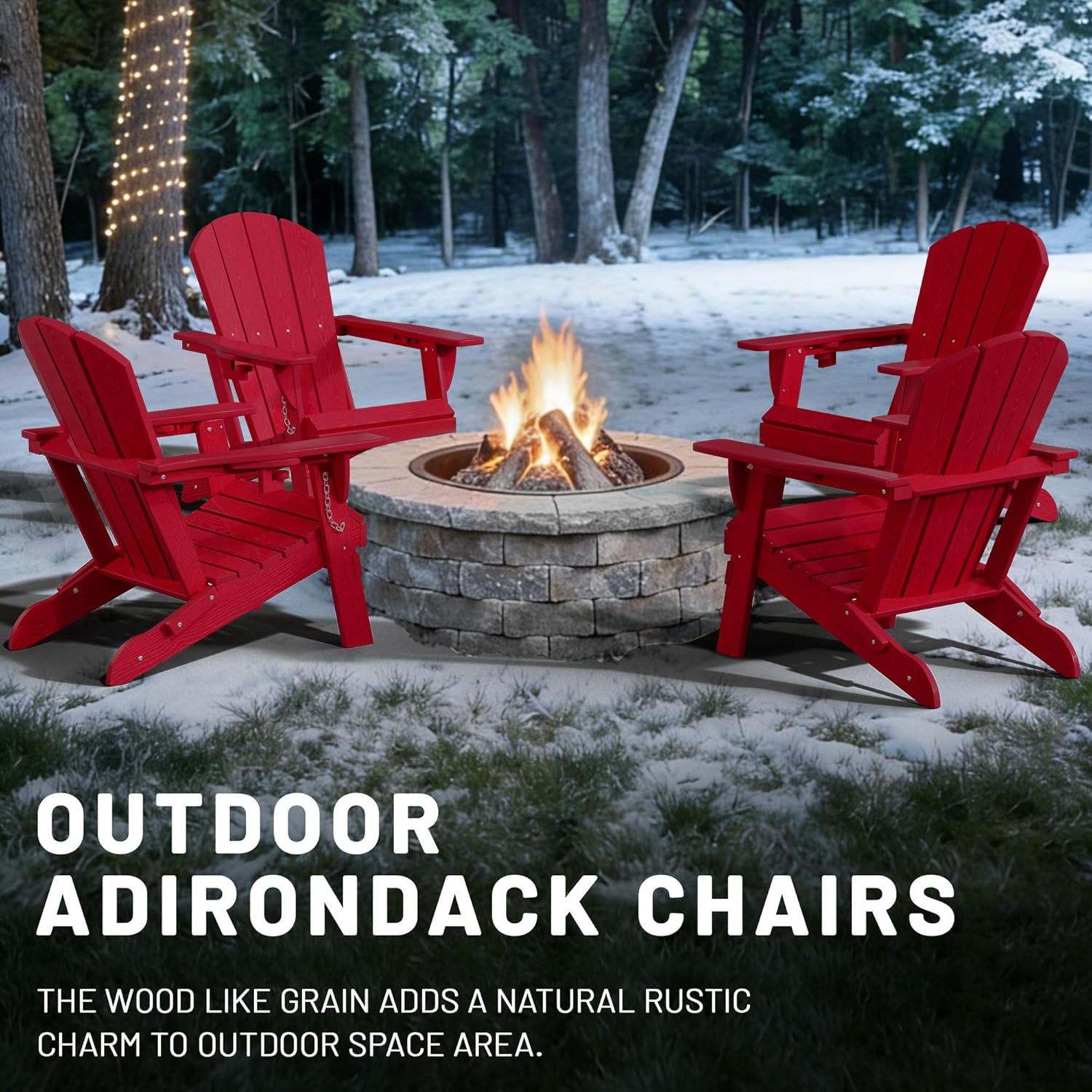 PLUUV Folding Adirondack Chair Set of 2, Oversized HDPE Patio Chair with 2 Cup Holders, 380 LBS Capacity, All-Weather Weather Resistant Fire Pit Chair for Backyard, Deck, Lawn, Red