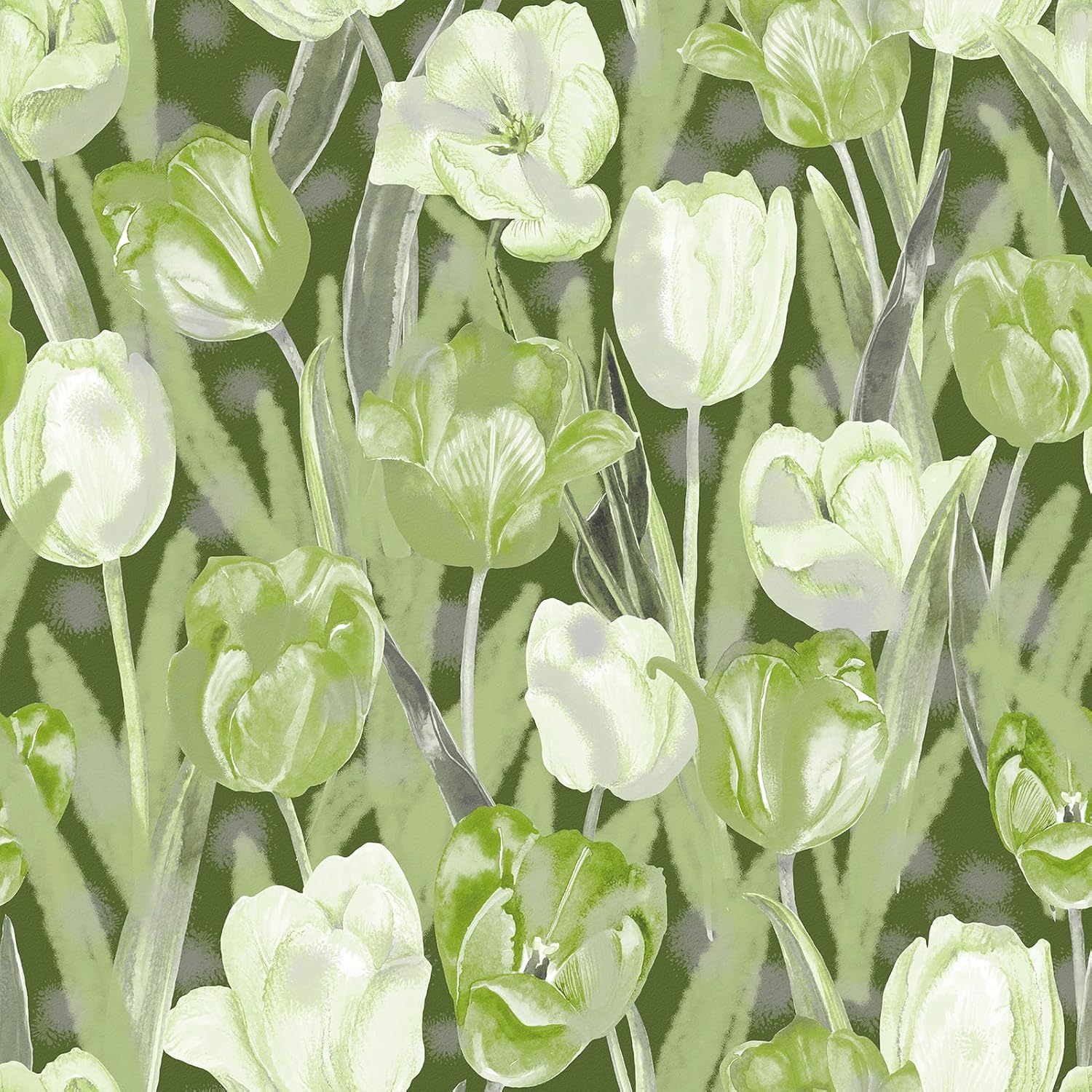 Green Floral Wallpaper Peel and Stick Tulip Floral Contact Paper Watercolor Peel and Stick Wallpaper Flower Removable Green/White Flower Wall Paper for Bedroom Nursery Living Room 17.7" x 120"