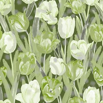 Green Floral Wallpaper Peel and Stick Tulip Floral Contact Paper Watercolor Peel and Stick Wallpaper Flower Removable Green/White Flower Wall Paper for Bedroom Nursery Living Room 17.7" x 120"