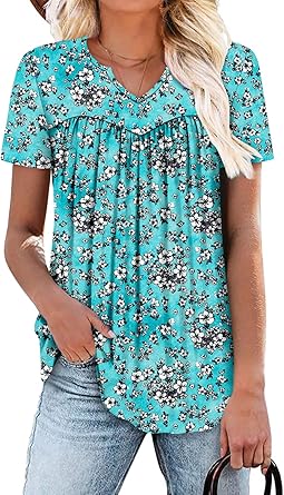 KISSMODA Tops for Womens Summer Cute Short Sleeve Shirts Trendy Notched Neck Blouses Casual Loose Pleated Tunics S-3Xl