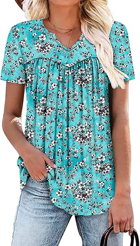 KISSMODA Tops for Womens Summer Cute Short Sleeve Shirts Trendy Notched Neck Blouses Casual Loose Pleated Tunics S-3Xl