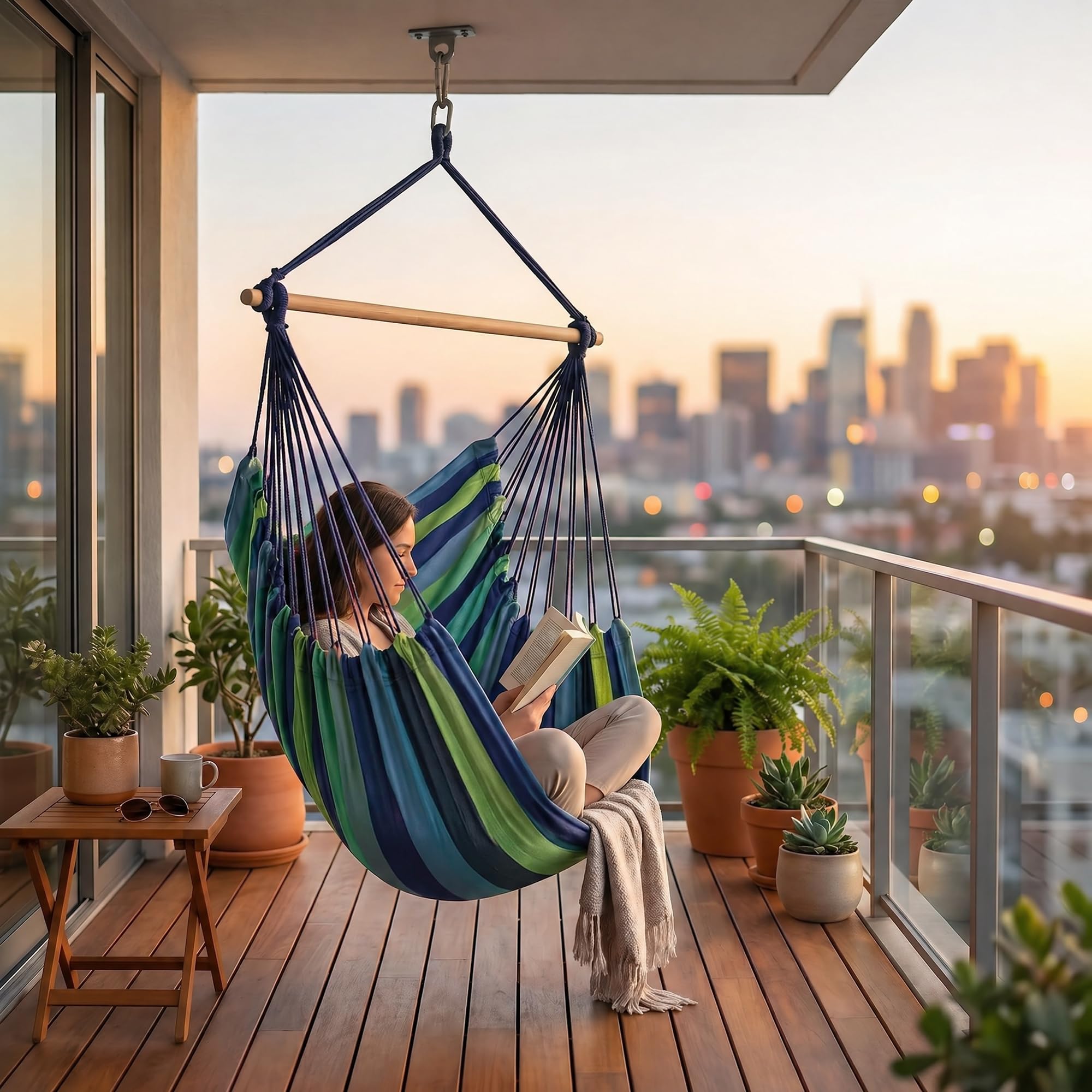 Silla hamaca colgante con 2 cojines, carga máxima de 330 libras, material de lona muy transpirable y cómodo, adecuado para muchos escenarios interiores y exteriores (azul-verde)