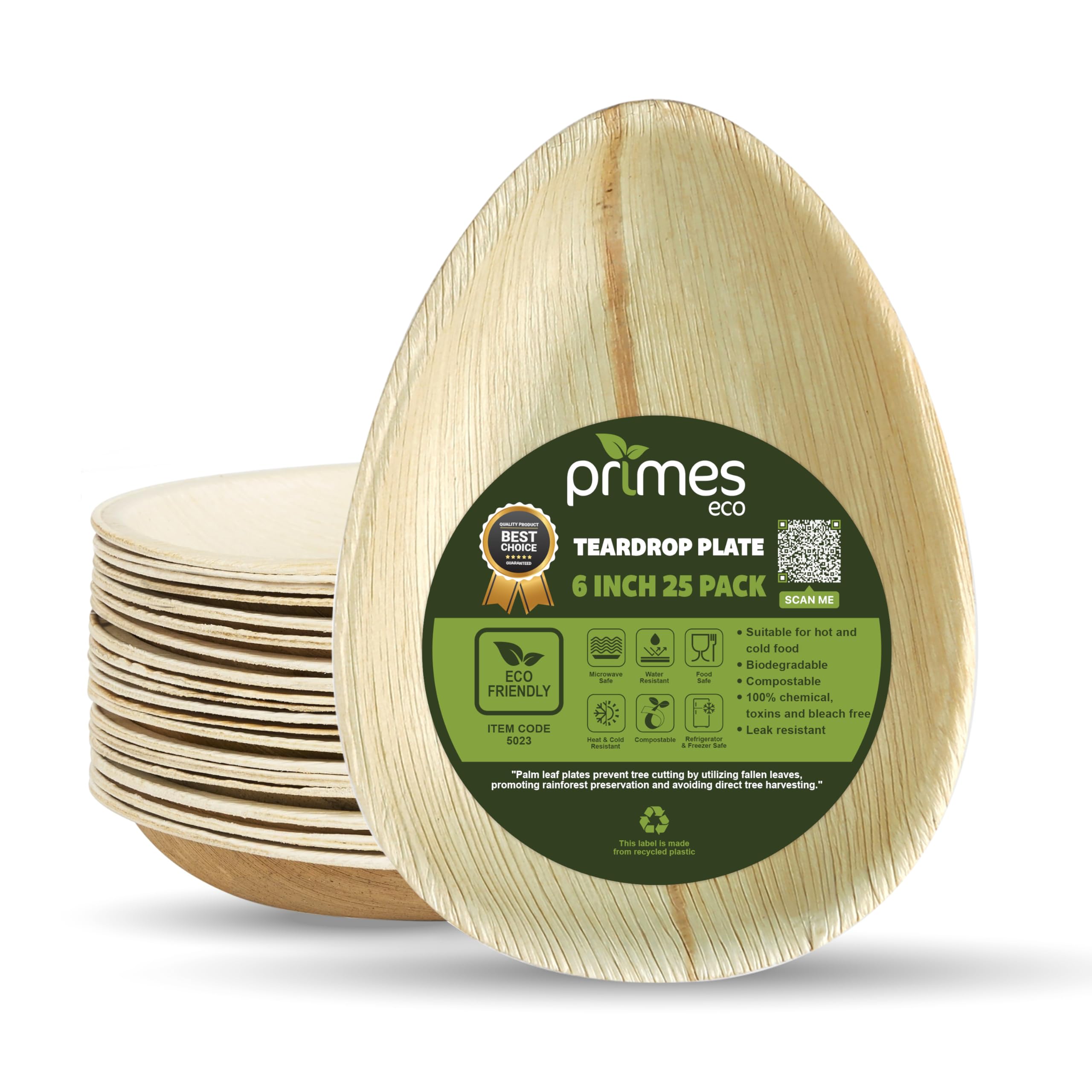 PRIMES ECO Palm Leaf Plates Teardrop/Oval Disposable Dinnerware, Rustic Wood Look, Microwave & Freezer Safe, Areca Leaf Party Plates for Appetisers, Canapés, Desserts (25, 6 Inch)