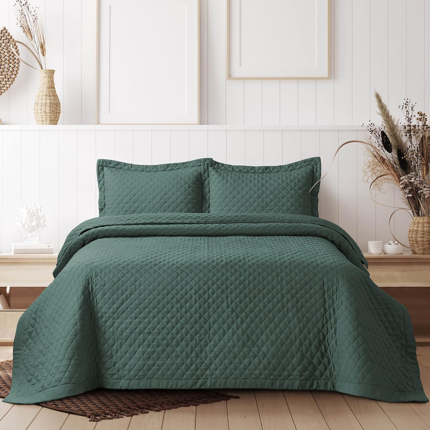 Tribeca Living Brisbane Oversized Queen Quilt Bedding Set, Solid 3-Piece Quilted Bedspread Coverlet with Matching Pillow Shams, Super Soft, Fade and Wrinkle Resistant Quilts, Atlantic Atlantic Queen