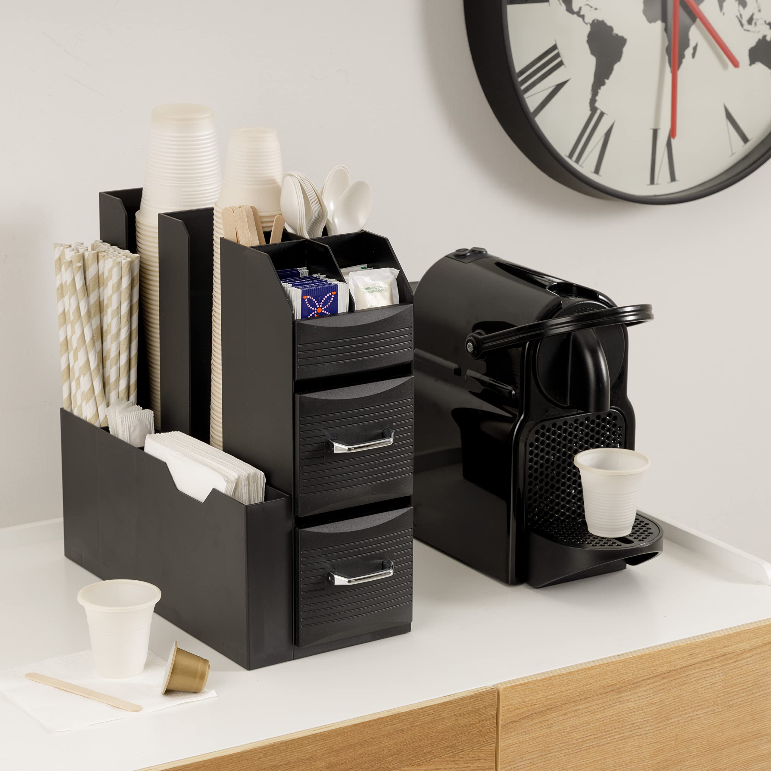 Baroni Home Coffee Station Porta Caffè Professionale, 11 scomparti, Porta Capsule con Divisione a Scomparti, capacità 55 capsule, Organizzatore per Caffetteria con Cassettiera, Nero