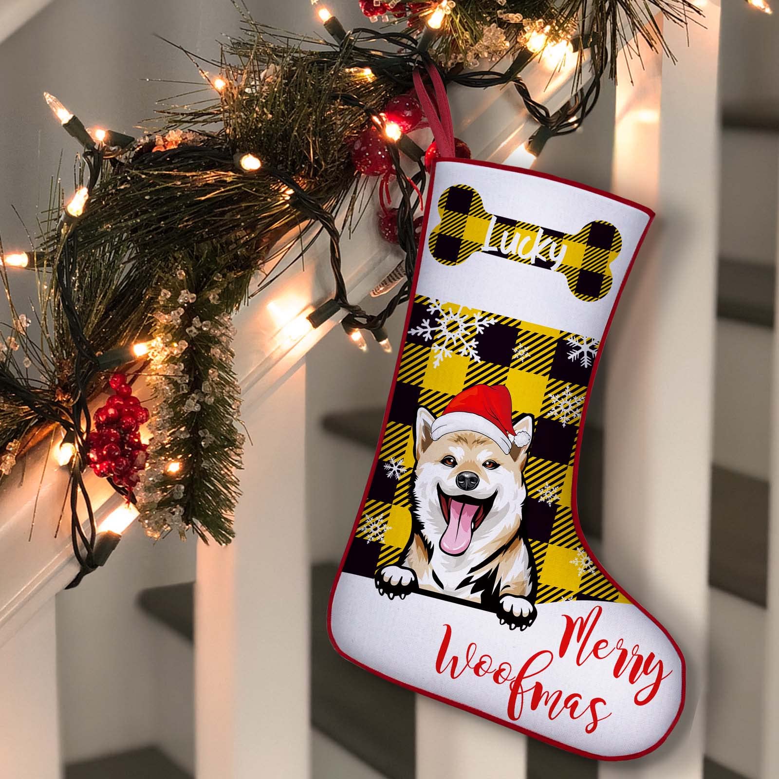 Xsersao Personalised Dog Stocking for Christmas Custom Dogs Xmas Stockings with Name Personalised for Puppy Pet Dog, Yellow Bone, 43cm