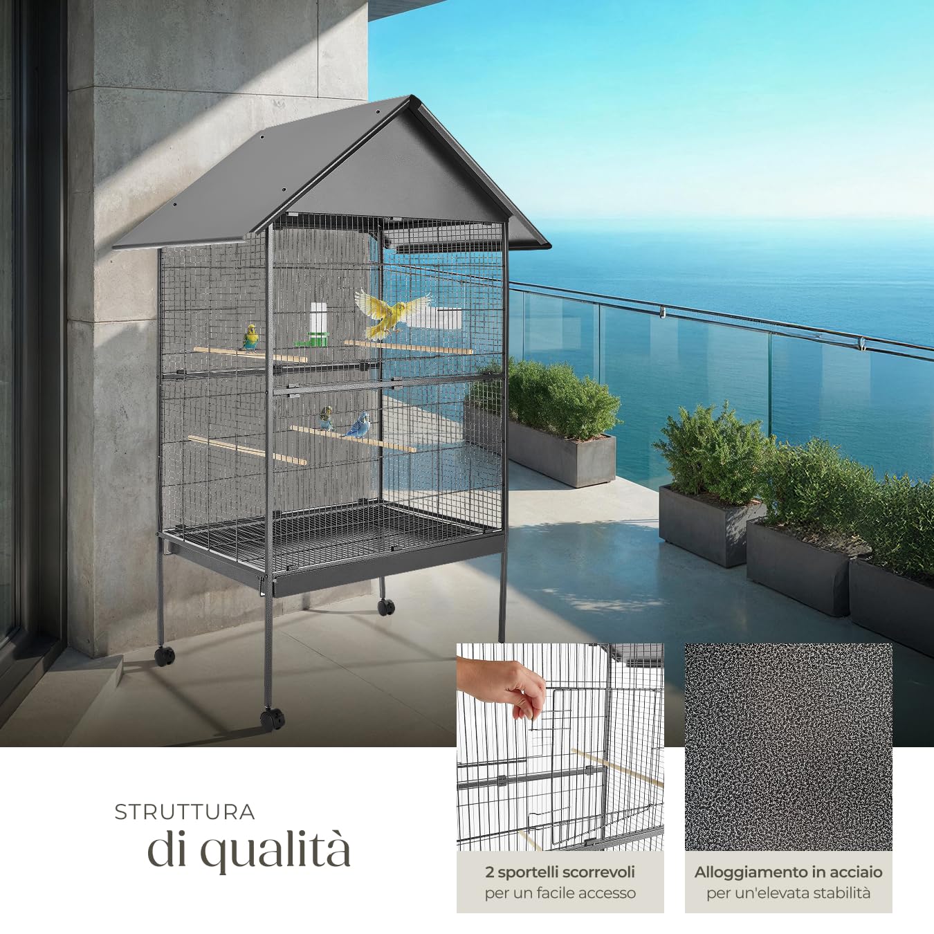 tectake® Gabbia per Uccelli, Spaziosa Voliera con Tetto Spiovente, Due Cancelletti, 4 Ballatoi, Piedi a Rotelle Bloccabili, 168 x 85 x 60 cm, Antracite, Tetto a Punta - 85 x 60 x 168 cm