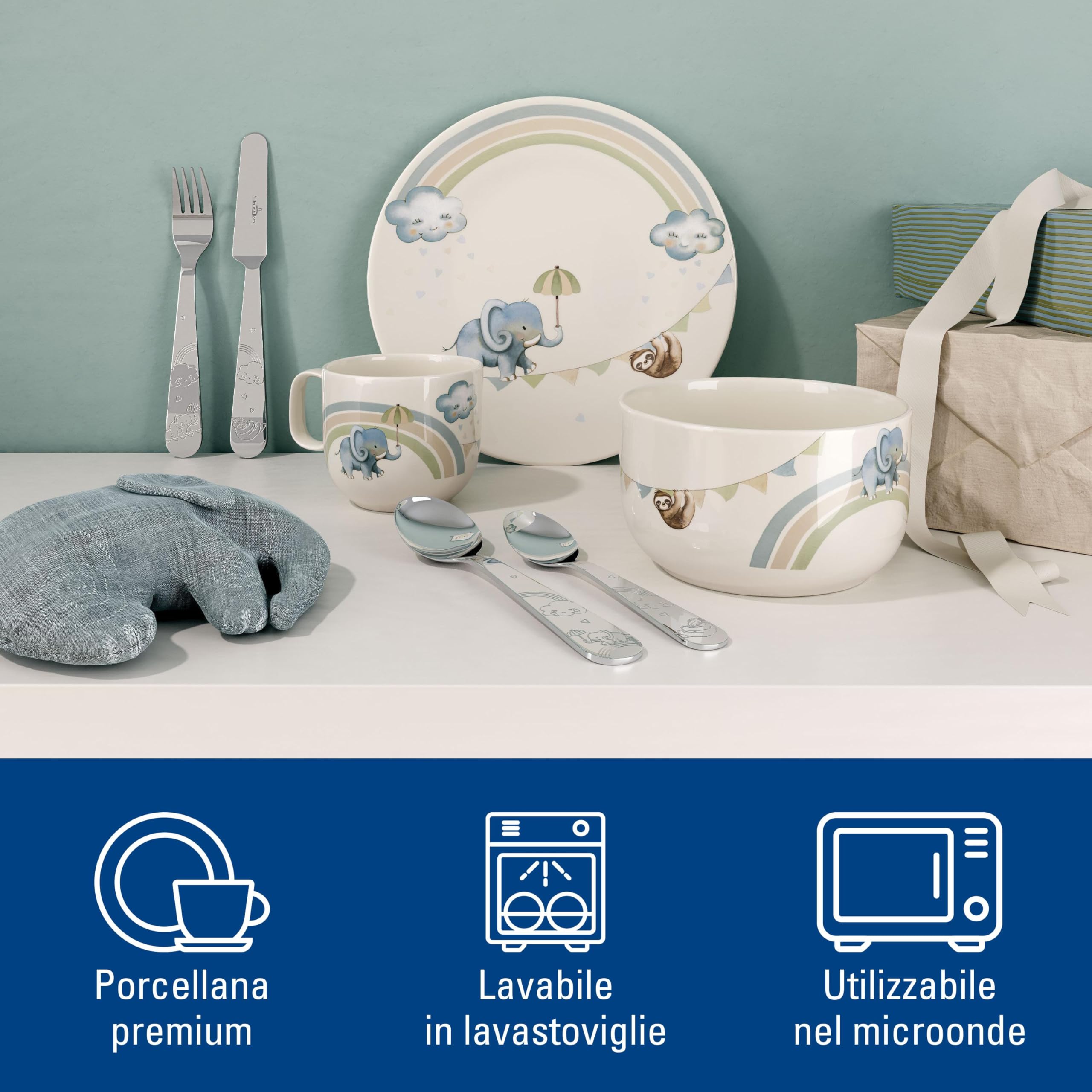 Villeroy & Boch - Walk like an Elephant Set di Stoviglie per Bambini 7 Pezzi Blu, Lavabile in Lavastoviglie, Adatto per Microonde, Stoviglie, Piatti, Tazzine, Ciotola, Servizio, Porcellana Premium
