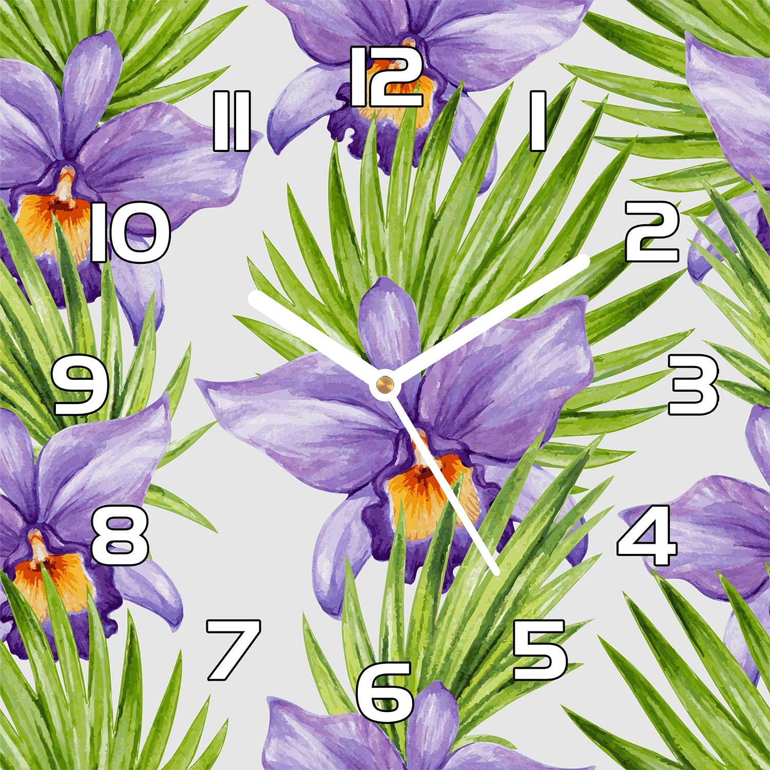 Horloge en verre silencieuse pour salon lumineux avec motif floral