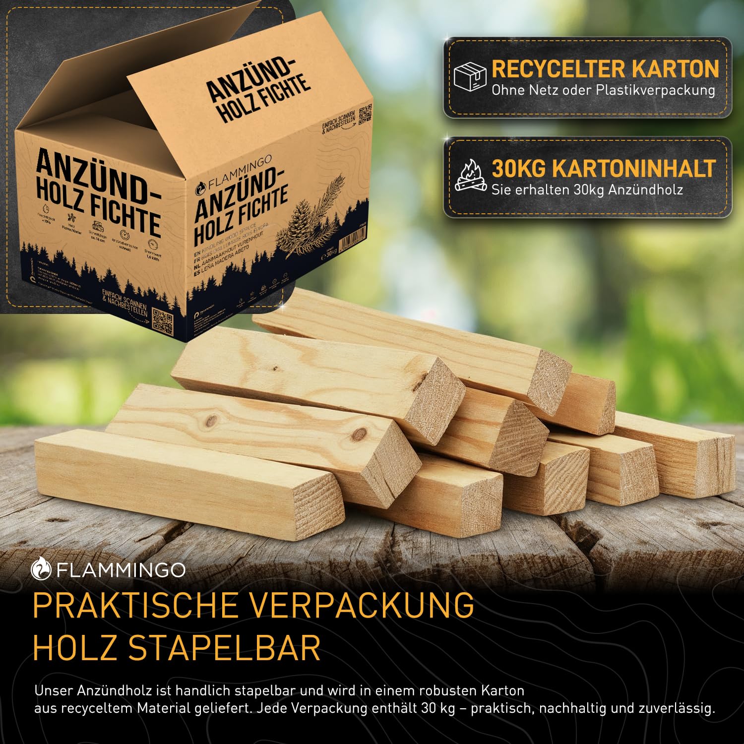 30kg Anzündholz Anfeuerholz Anmachholz Brennholz Kaminholz Ofenholz Smoker Grill BBQ Trocken Ofenfertig Fichte/Kiefer 16cm
