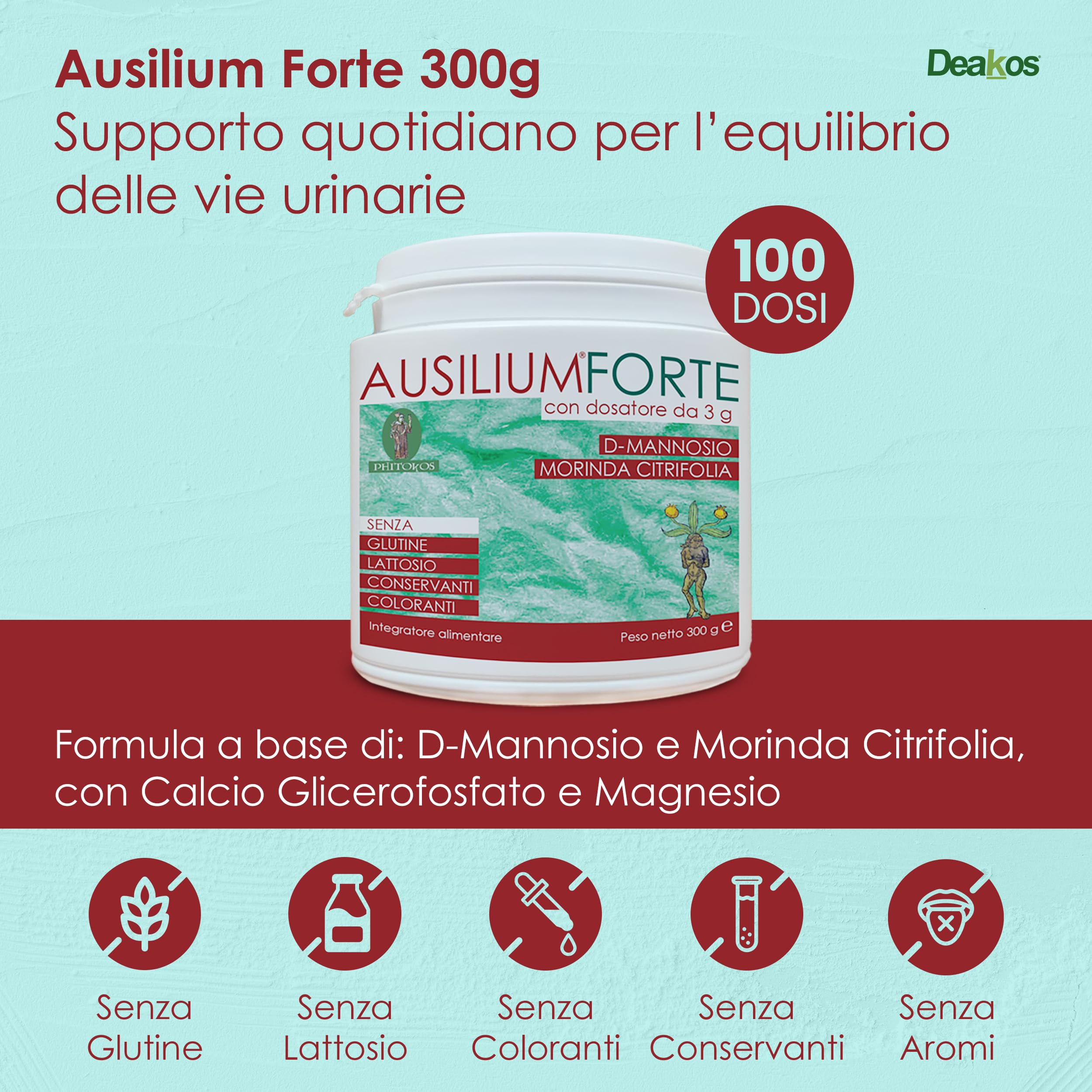 Deakos Ausilium Forte 300g - Integratore Cistite Donna e Benessere delle Vie Urinarie - In Polvere non Aromatizzato - A base di D Mannosio Puro eMorinda Citrifolia - Senza Glutine e Lattosio