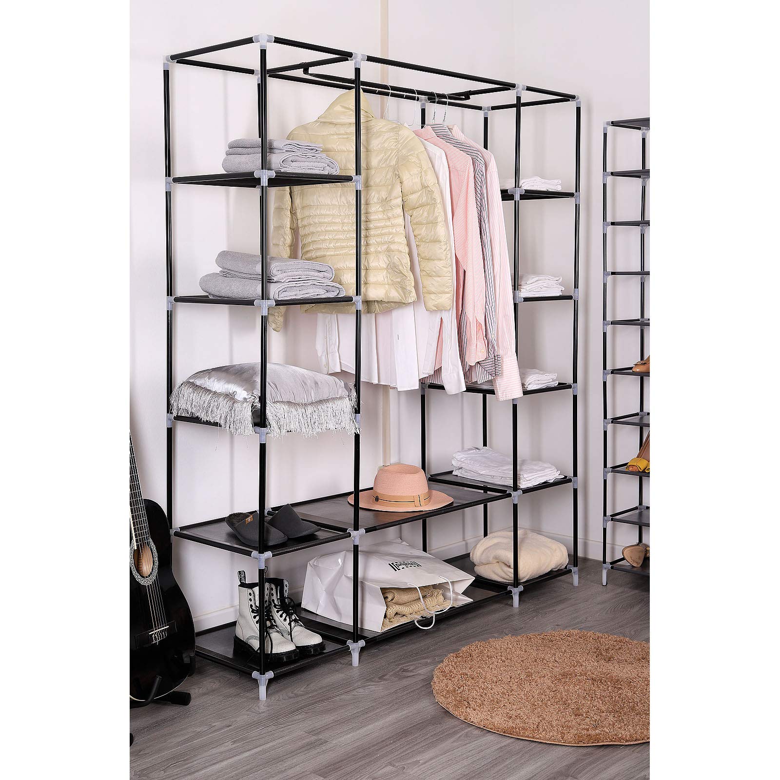 dibea Armoire en Tissu Pliable, 150x45x175 cm, penderie Textile Peu encombrante avec étagères, Respirante et Stable, Tige à vêtements, revêtement PP Facile à Nettoyer, Noir