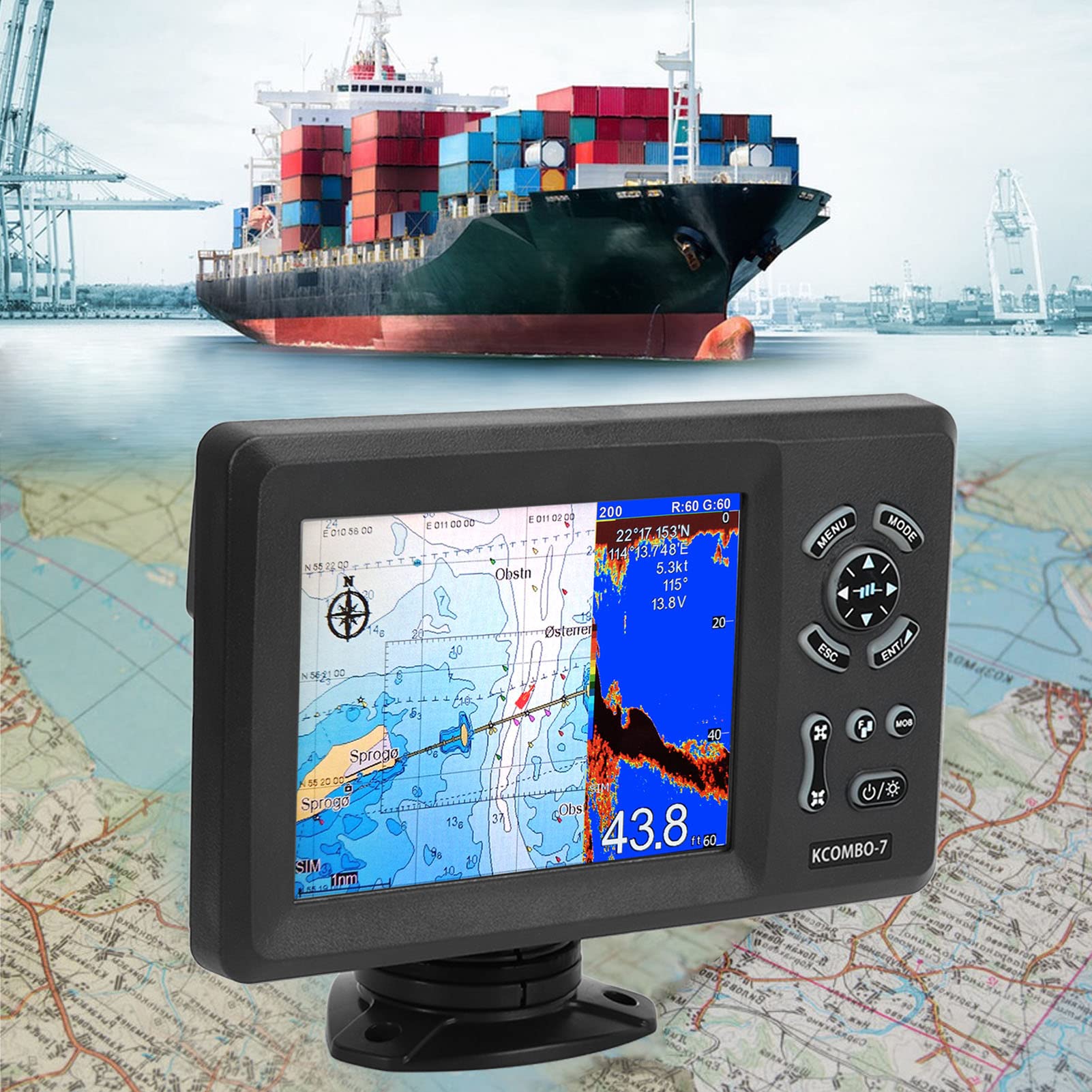 7-Zoll-Marine-GPS-Navigator, Plotter, Eingebauter Fischfinder, Farbiger LCD-Navigator, Marine-Bootsanzeige, Geteilter Bildschirm, IP66-Schutz, Navigationsortung
