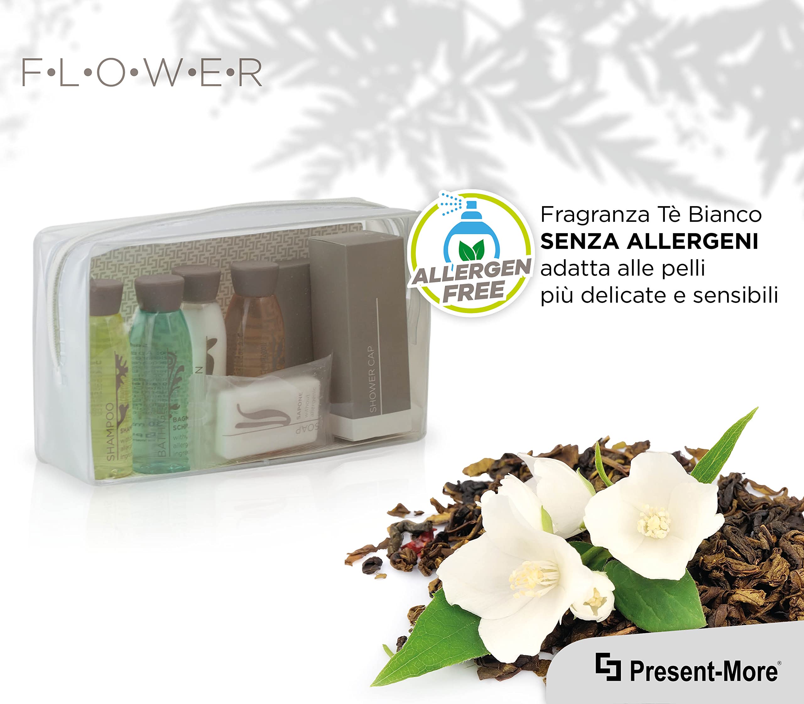 PRESENT-MORE - Set Cortesia 12 Ospiti Flower - Fragranza Tè Verde - Contiene: Shampoo, Gel Doccia, Crema, Gel Intimo, Sapone e Accessori - Per Hotel e B&B