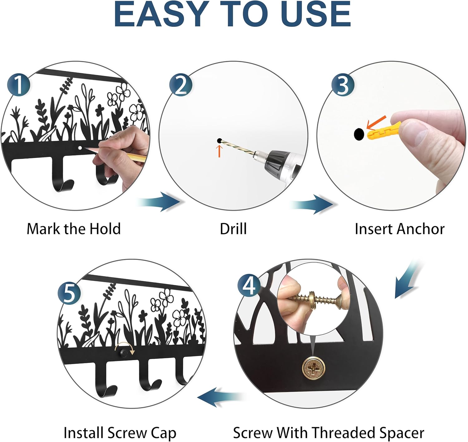 Floral Wall Mounted Coat Rack with 6 Hooks Decorative Black Metal Hanger for Coats, Hats, Bags, Keys,Towels - Ideal for Hallway, Bathroom, Kitchen, Office (15.55x5.98x1.22 Inches) - Image 7