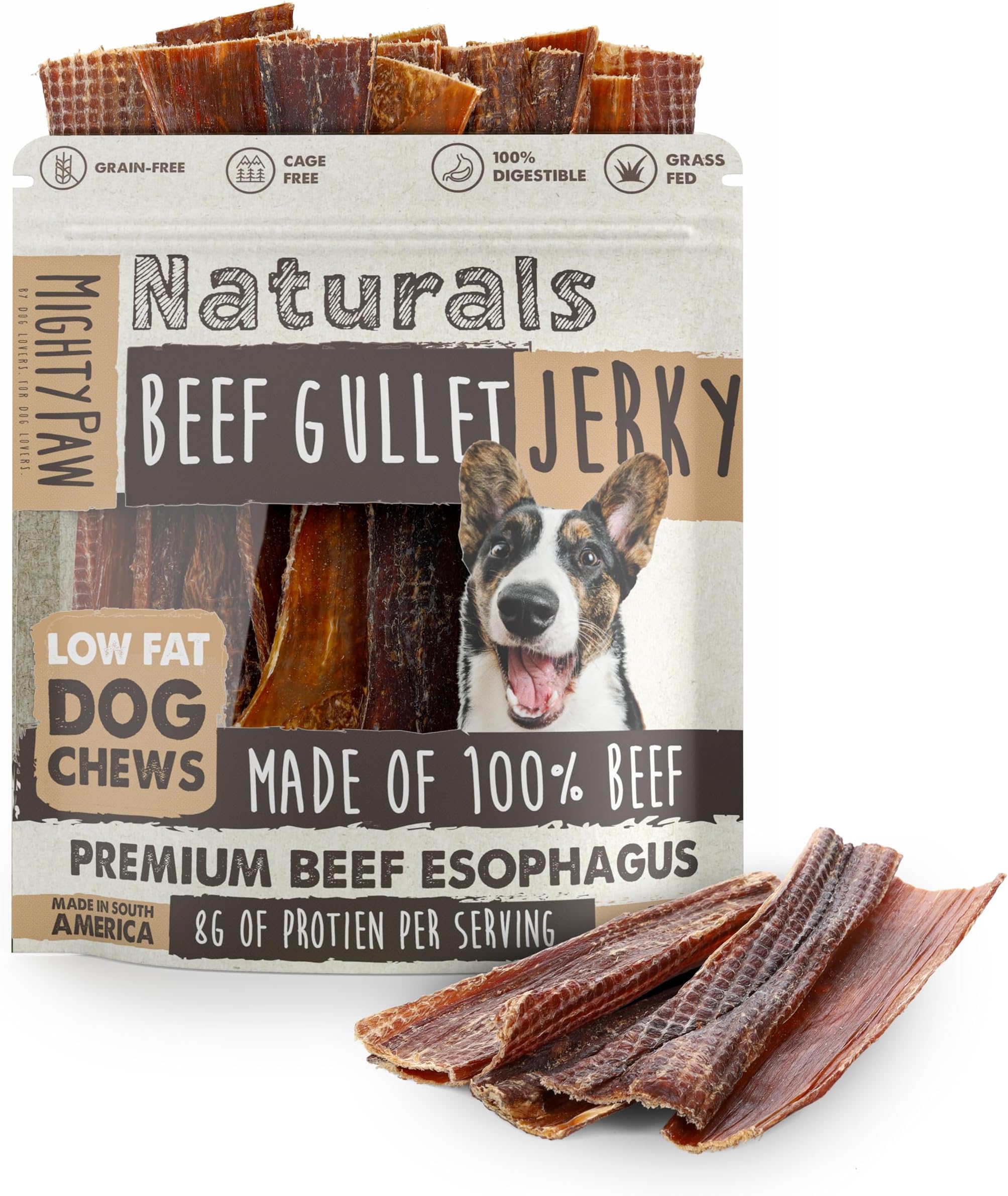 Mighty Paw Naturals Beef Gullet Jerky for Dogs | 100% Natural Beef Gullet Sticks for Small, Medium and Large Breeds. Natural Treat for Large Pets, and Puppies. Dried Dog Treats 14 oz